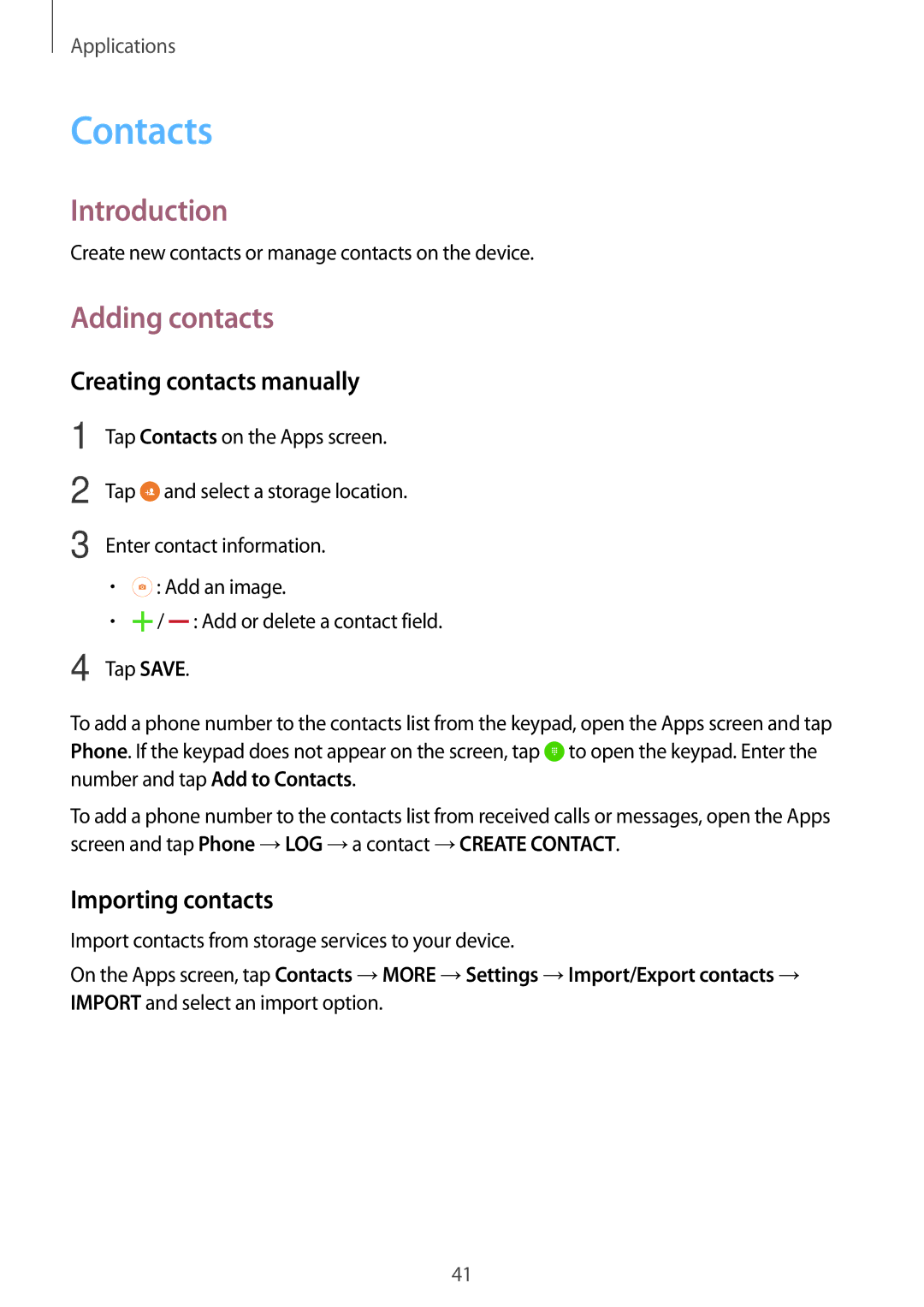 Samsung SM-J500FZWAILO, SM-J500FZKDKSA Contacts, Adding contacts, Creating contacts manually, Importing contacts 