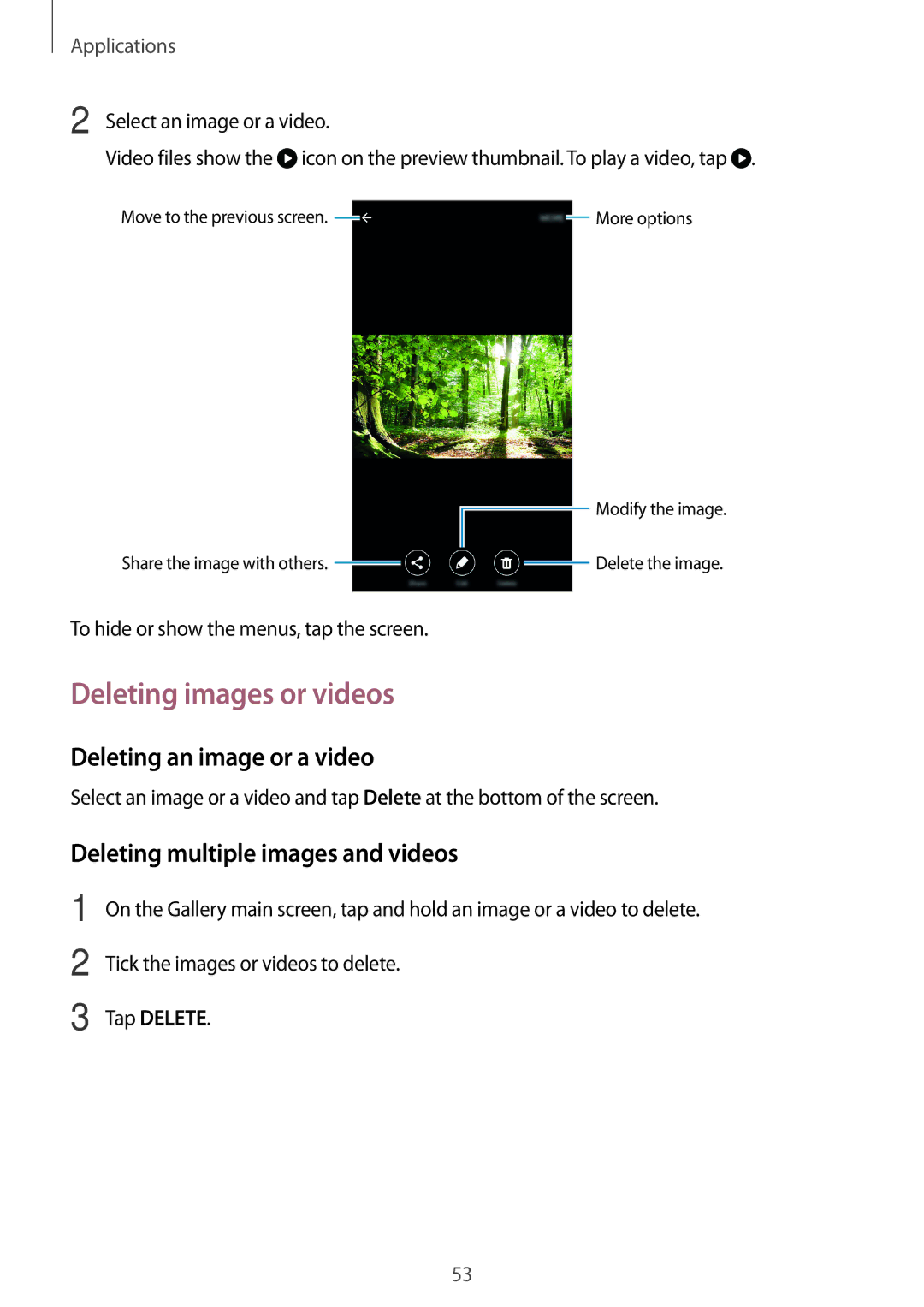 Samsung SM-J500HZWDSEK manual Deleting images or videos, Deleting an image or a video, Deleting multiple images and videos 