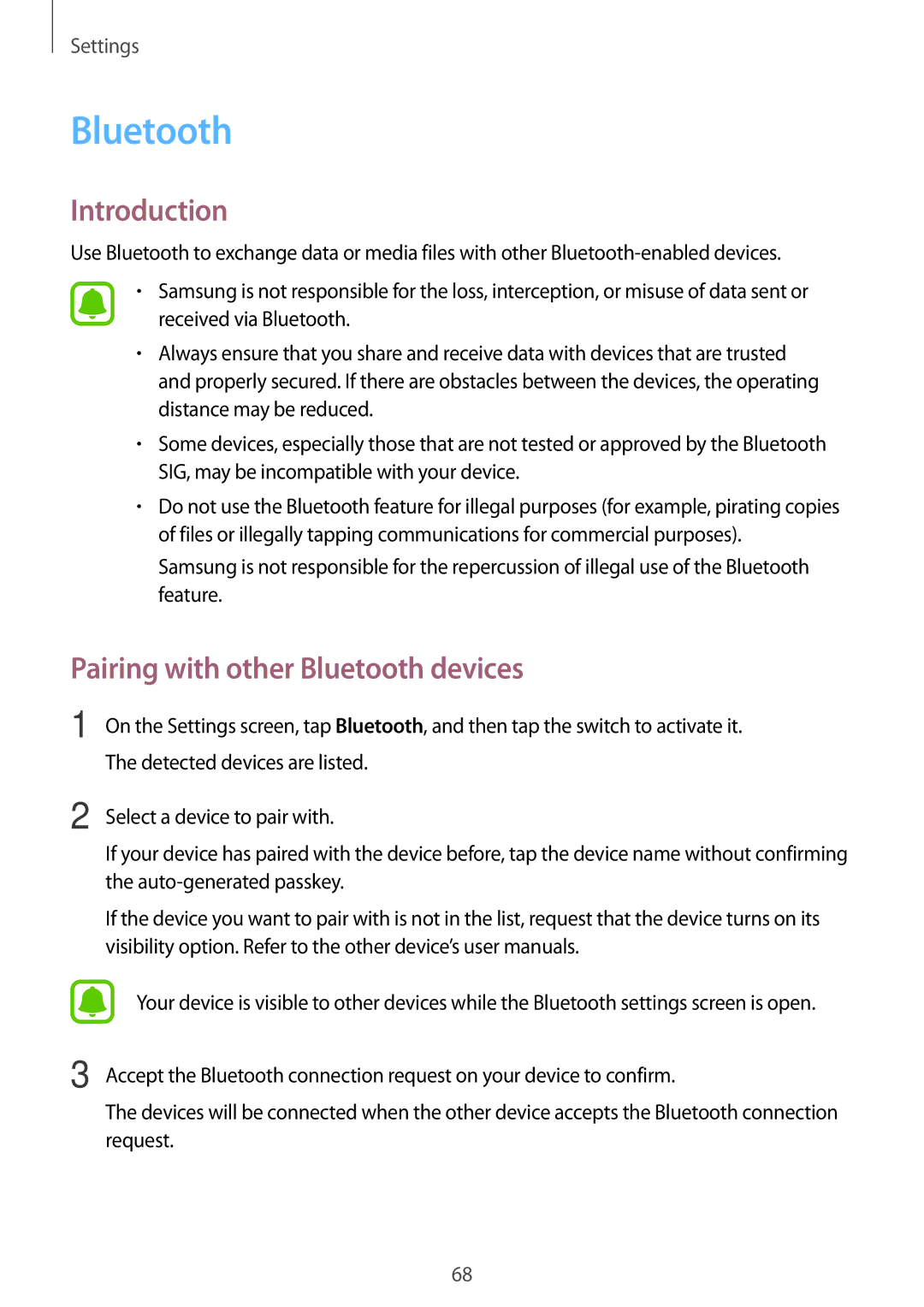 Samsung SM-J500FZWAILO, SM-J500FZKDKSA, SM-J500FZDDKSA, SM-J500FZWDKSA manual Pairing with other Bluetooth devices 