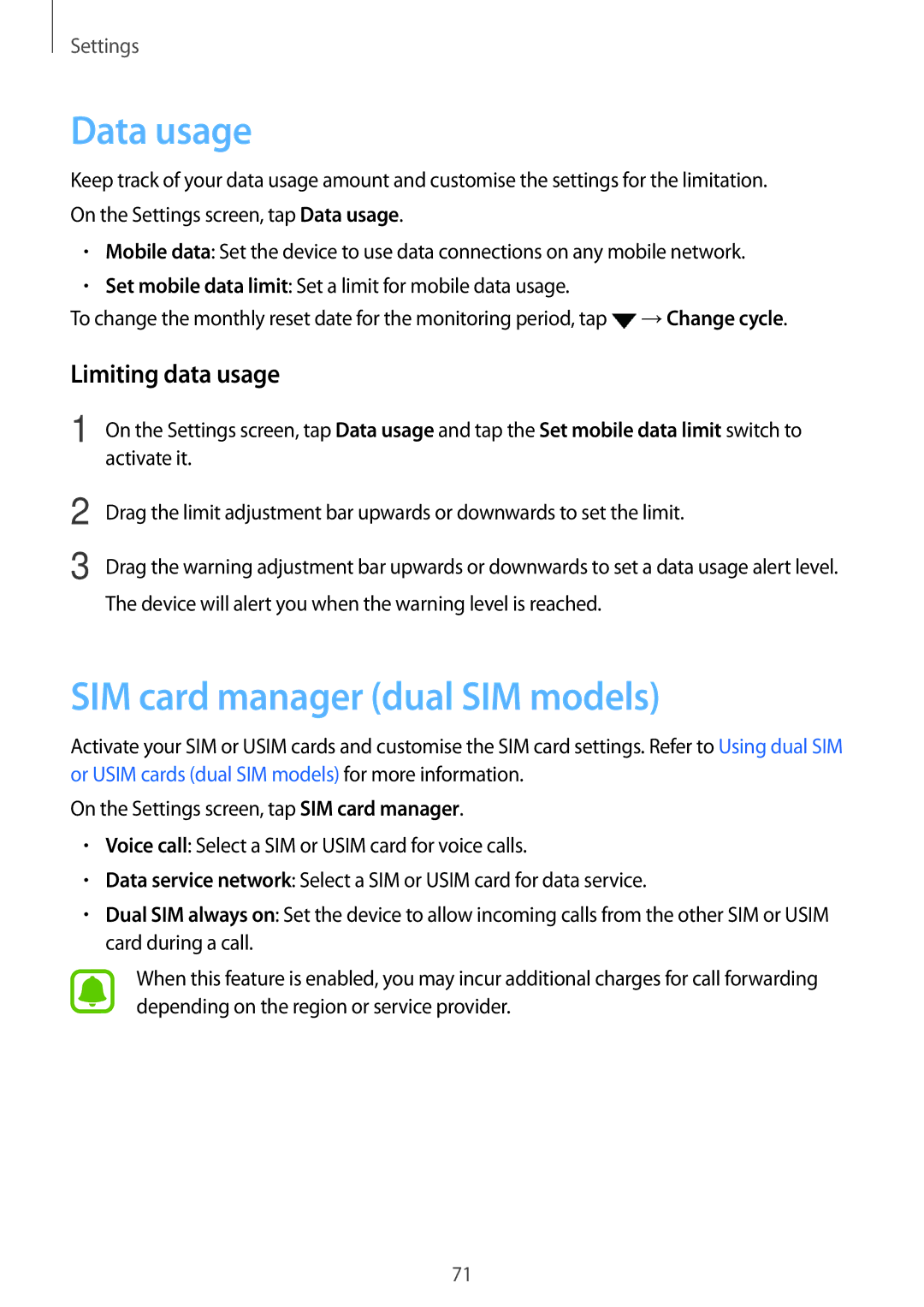 Samsung SM-J500FZDACEL, SM-J500FZKDKSA, SM-J500FZDDKSA Data usage, SIM card manager dual SIM models, Limiting data usage 