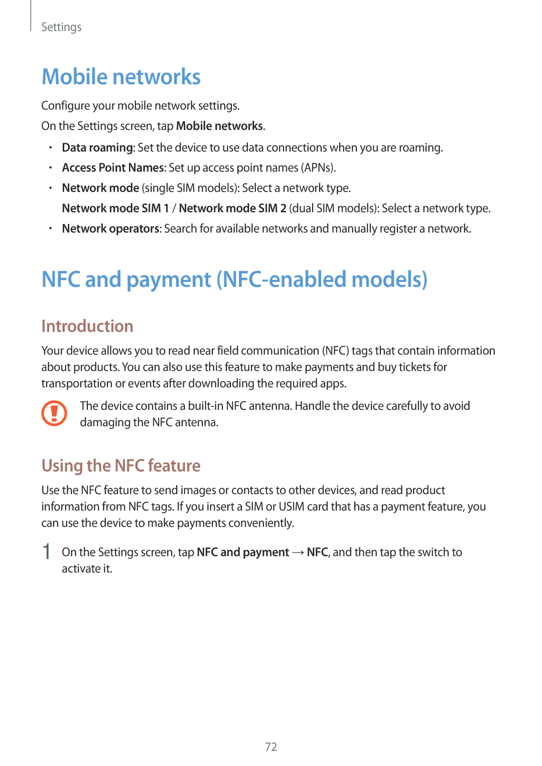 Samsung SM-J500FZWDSEE, SM-J500FZKDKSA manual Mobile networks, NFC and payment NFC-enabled models, Using the NFC feature 