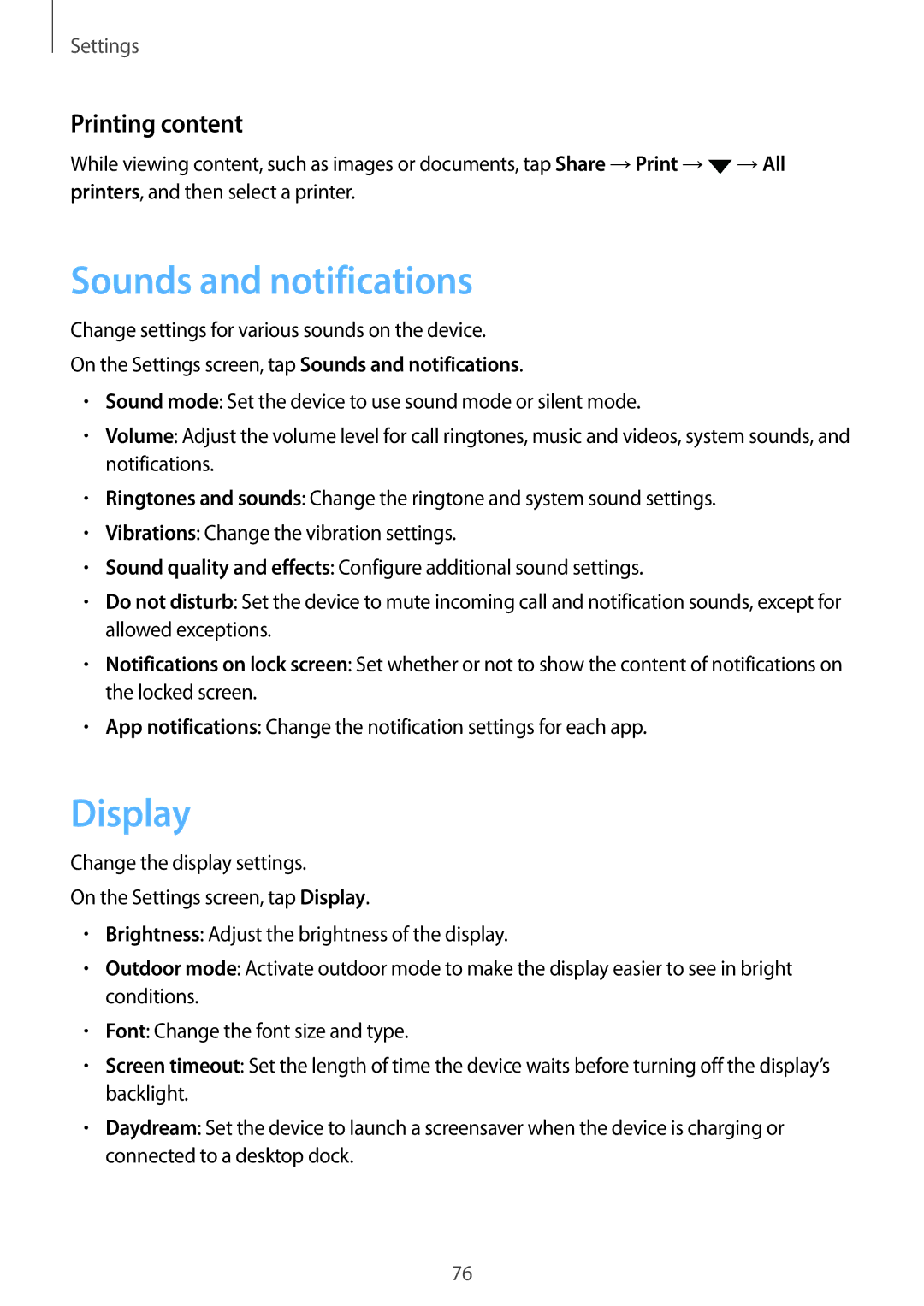 Samsung SM-J500HZDDSER, SM-J500FZKDKSA, SM-J500FZDDKSA, SM-J500FZWDKSA Sounds and notifications, Display, Printing content 