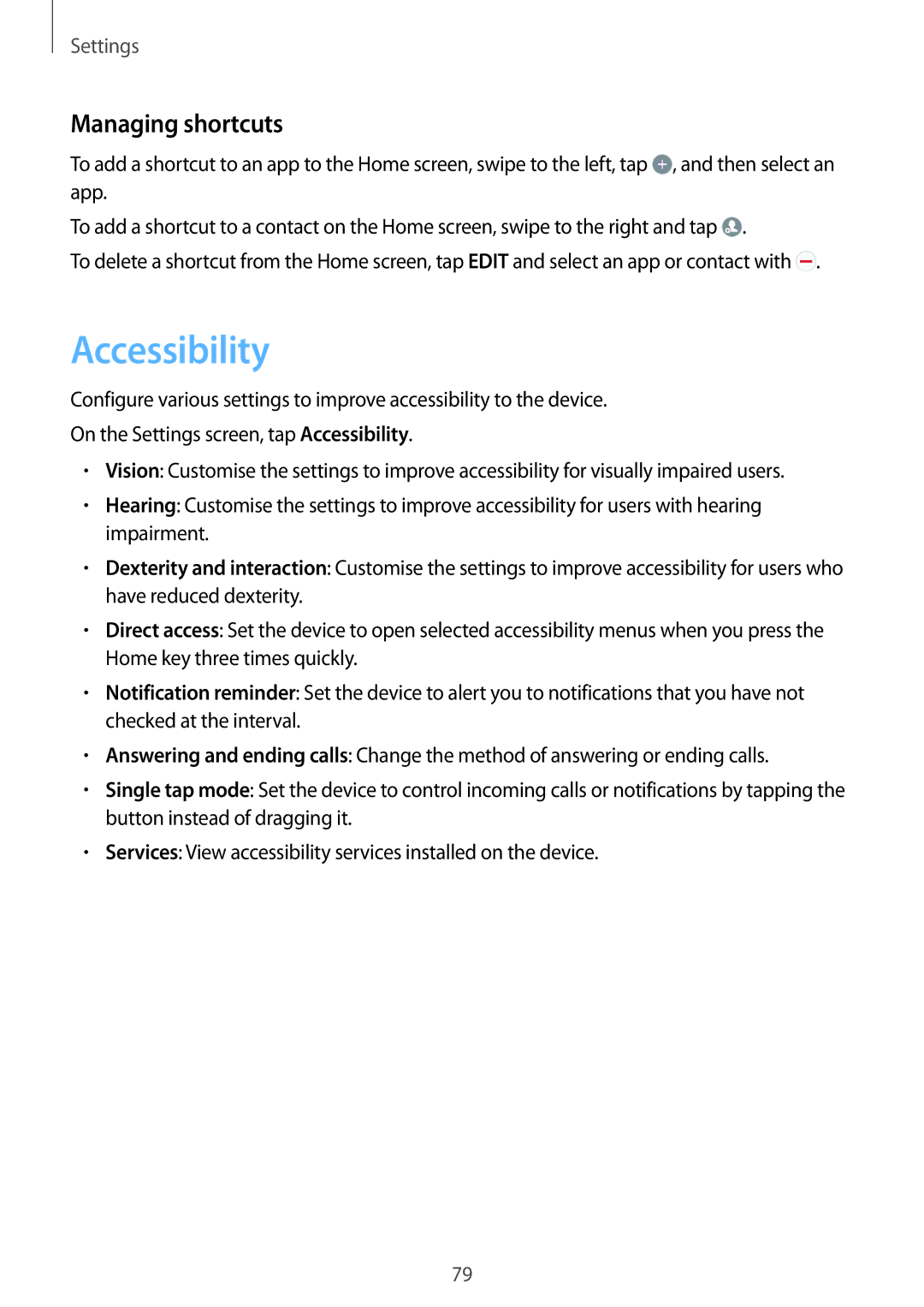 Samsung SM-J500HZDDSEK, SM-J500FZKDKSA, SM-J500FZDDKSA, SM-J500FZWDKSA, SM-J500HZWDKSA manual Accessibility, Managing shortcuts 