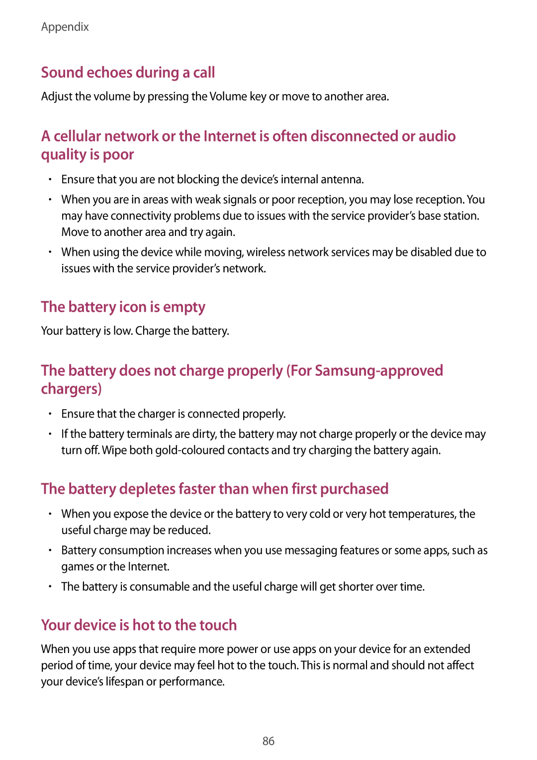 Samsung SM-J500HZDDXXV, SM-J500FZKDKSA, SM-J500FZDDKSA, SM-J500FZWDKSA, SM-J500HZWDKSA manual Sound echoes during a call 