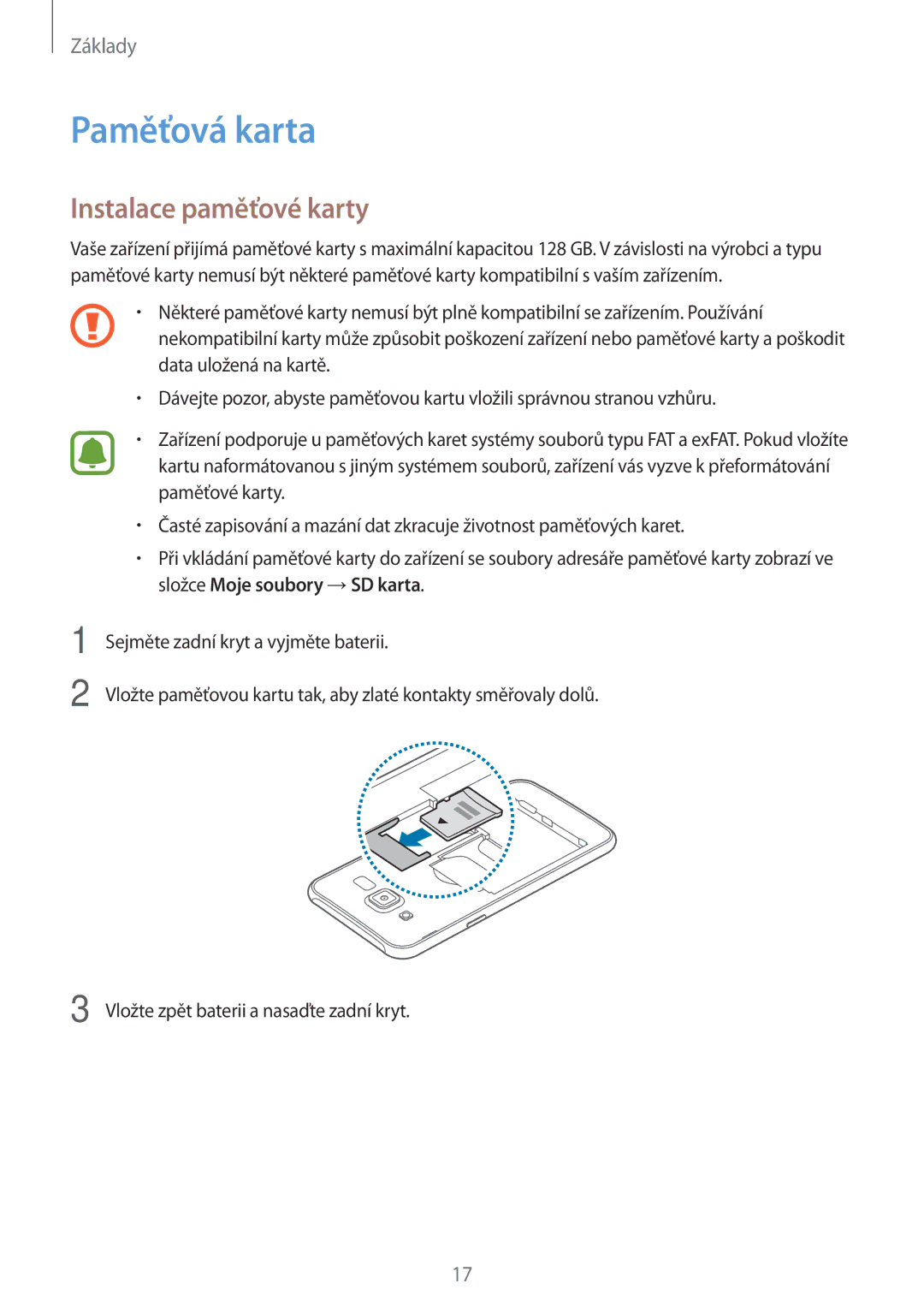 Samsung SM2J500FZWDETL, SM-J500FZKDXEO, SM-J500FZKDEUR, SM-J500FZWDXEH manual Paměťová karta, Instalace paměťové karty 