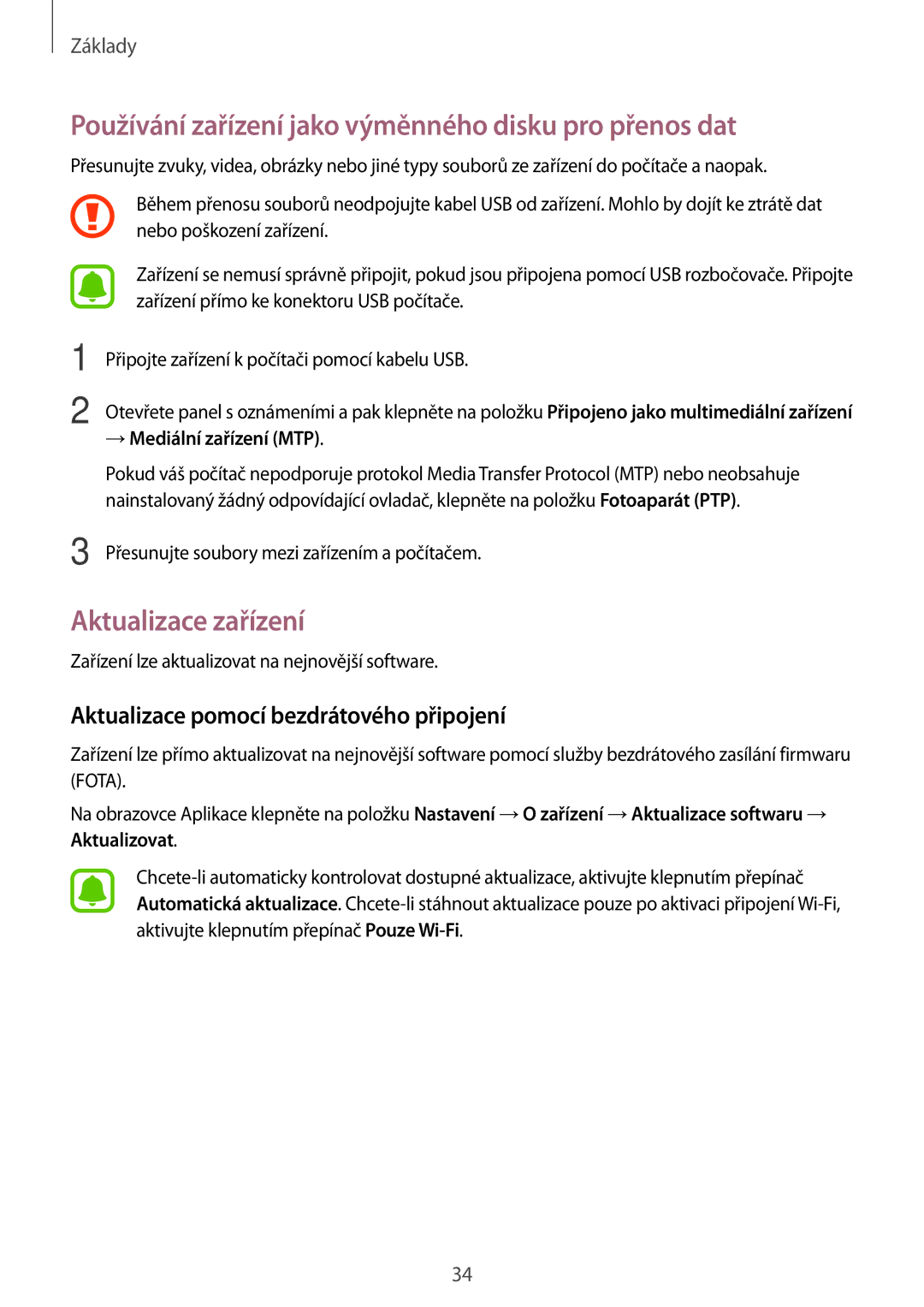 Samsung SM2J500FZKDETL, SM-J500FZKDXEO manual Používání zařízení jako výměnného disku pro přenos dat, Aktualizace zařízení 