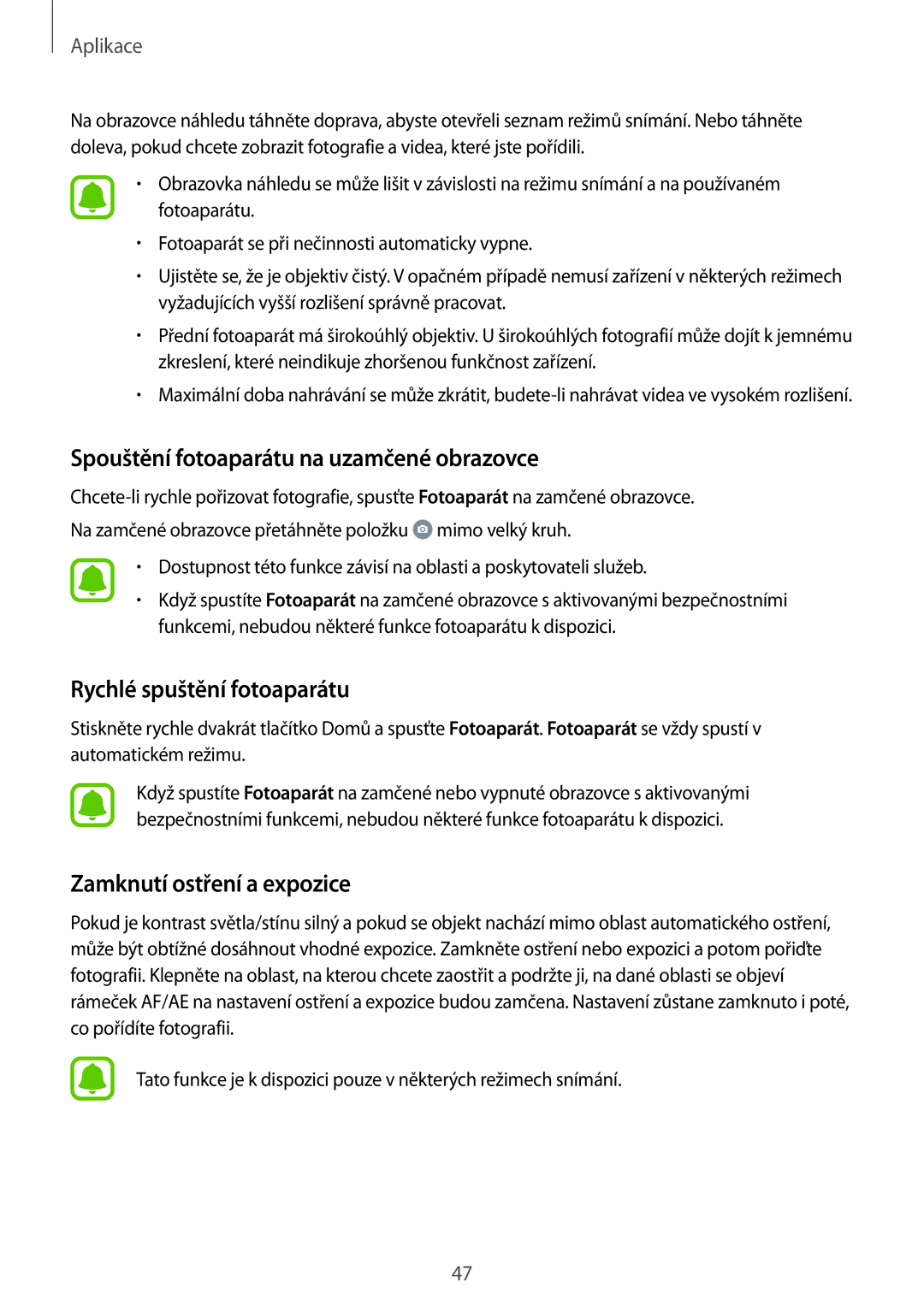 Samsung SM-J500FZWDETL, SM-J500FZKDXEO manual Spouštění fotoaparátu na uzamčené obrazovce, Rychlé spuštění fotoaparátu 