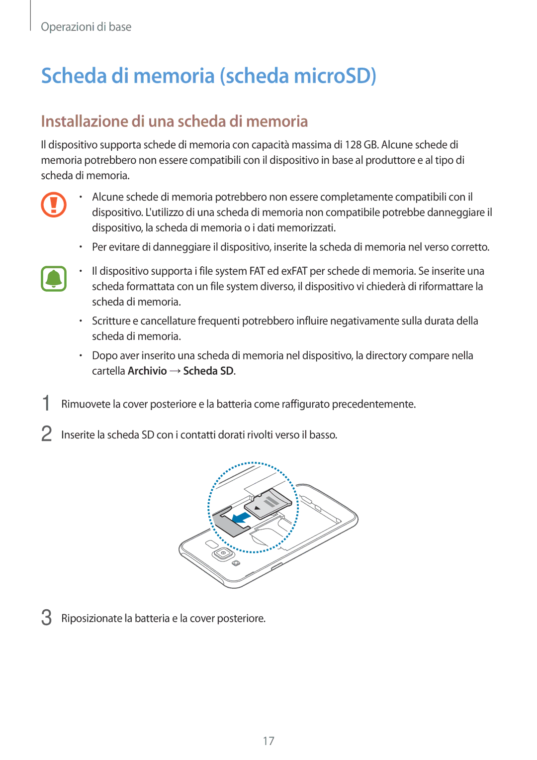 Samsung SM-J500FZKDXEH, SM-J500FZKDXEO manual Scheda di memoria scheda microSD, Installazione di una scheda di memoria 