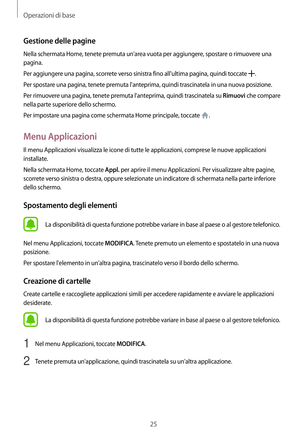 Samsung SM-J500FZKAITV, SM-J500FZKDXEO, SM-J500FZWDAUT, SM-J500FZWDXEO manual Menu Applicazioni, Gestione delle pagine 