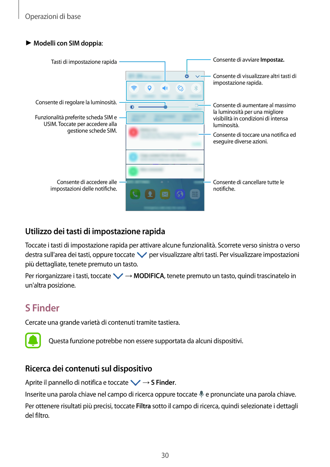 Samsung SM-J500FZWDXEO manual Finder, Utilizzo dei tasti di impostazione rapida, Ricerca dei contenuti sul dispositivo 