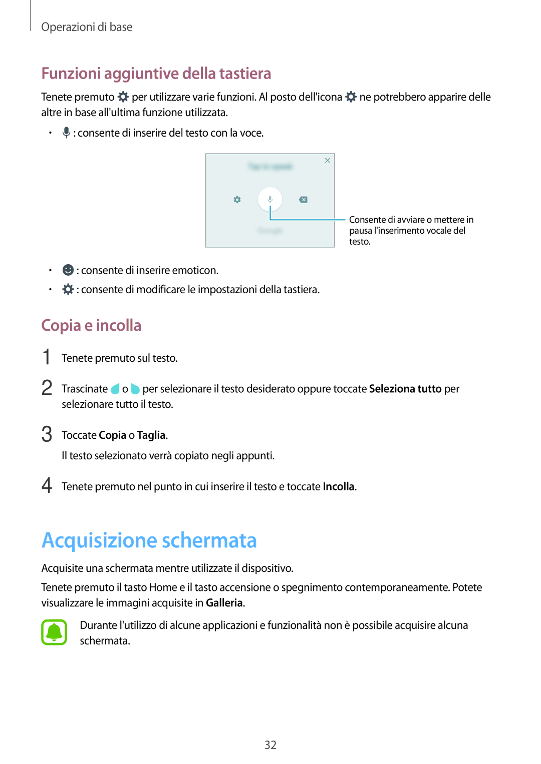 Samsung SM-J500FZKAITV Acquisizione schermata, Funzioni aggiuntive della tastiera, Copia e incolla, Toccate Copia o Taglia 