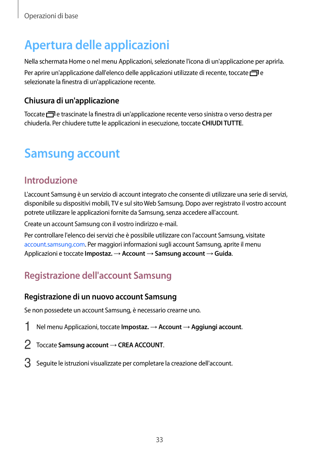 Samsung SM-J500FZDAITV manual Apertura delle applicazioni, Samsung account, Introduzione, Registrazione dellaccount Samsung 