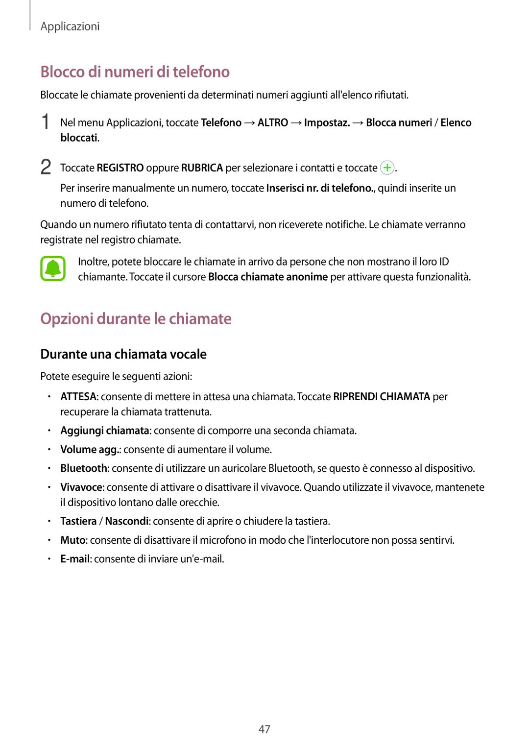 Samsung SM-J500FZDAITV Blocco di numeri di telefono, Opzioni durante le chiamate, Durante una chiamata vocale, Bloccati 