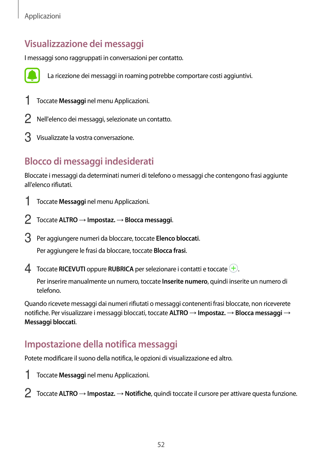 Samsung SM-J500FZKDXEH Visualizzazione dei messaggi, Blocco di messaggi indesiderati, Impostazione della notifica messaggi 