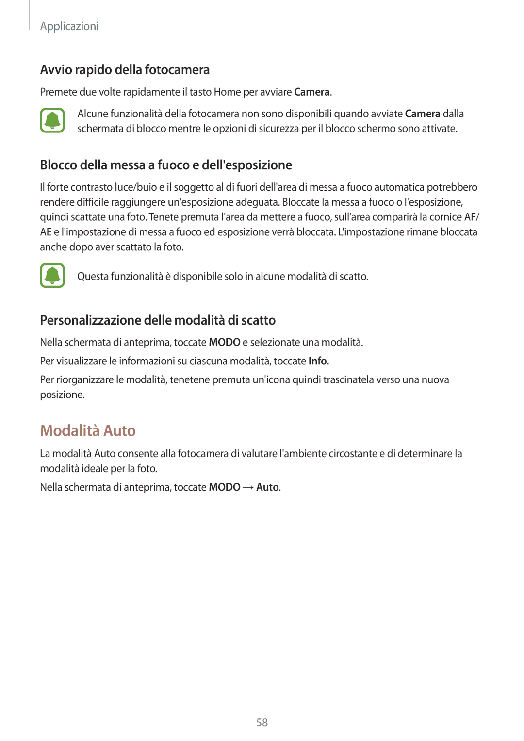 Samsung SM-J500FZWDXEO manual Modalità Auto, Avvio rapido della fotocamera, Blocco della messa a fuoco e dellesposizione 