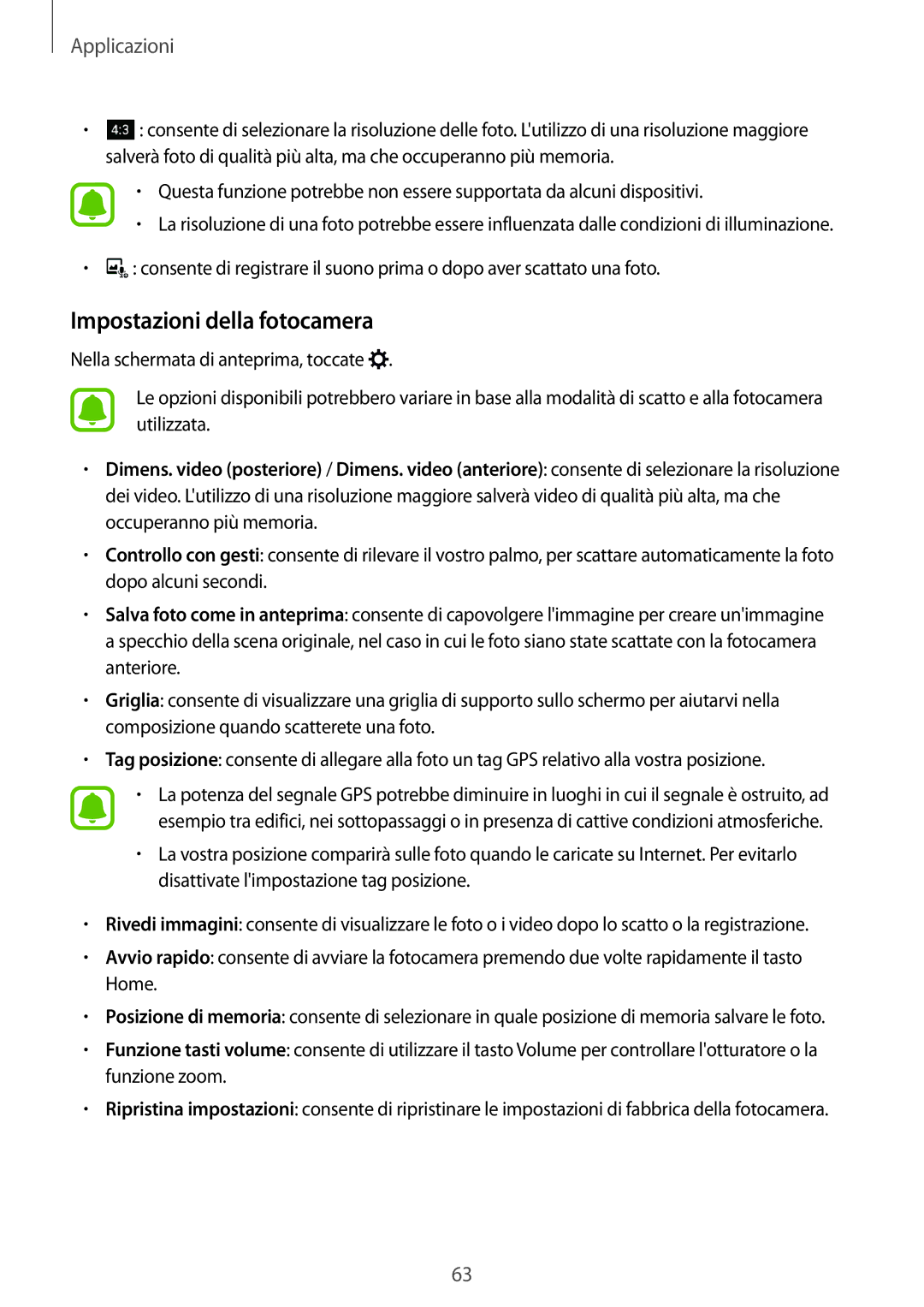 Samsung SM-J500FZKDXEO, SM-J500FZWDAUT, SM-J500FZWDXEO, SM-J500FZKDXEH, SM-J500FZKAITV manual Impostazioni della fotocamera 