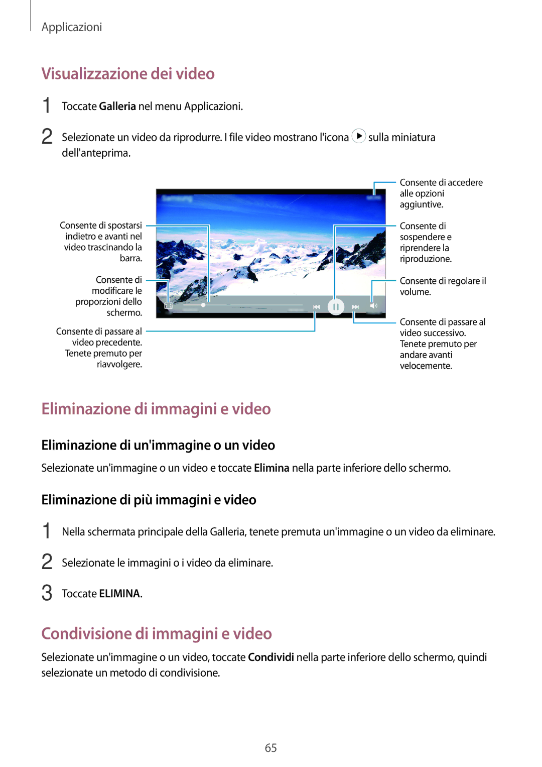 Samsung SM-J500FZWDXEO manual Visualizzazione dei video, Eliminazione di immagini e video, Condivisione di immagini e video 