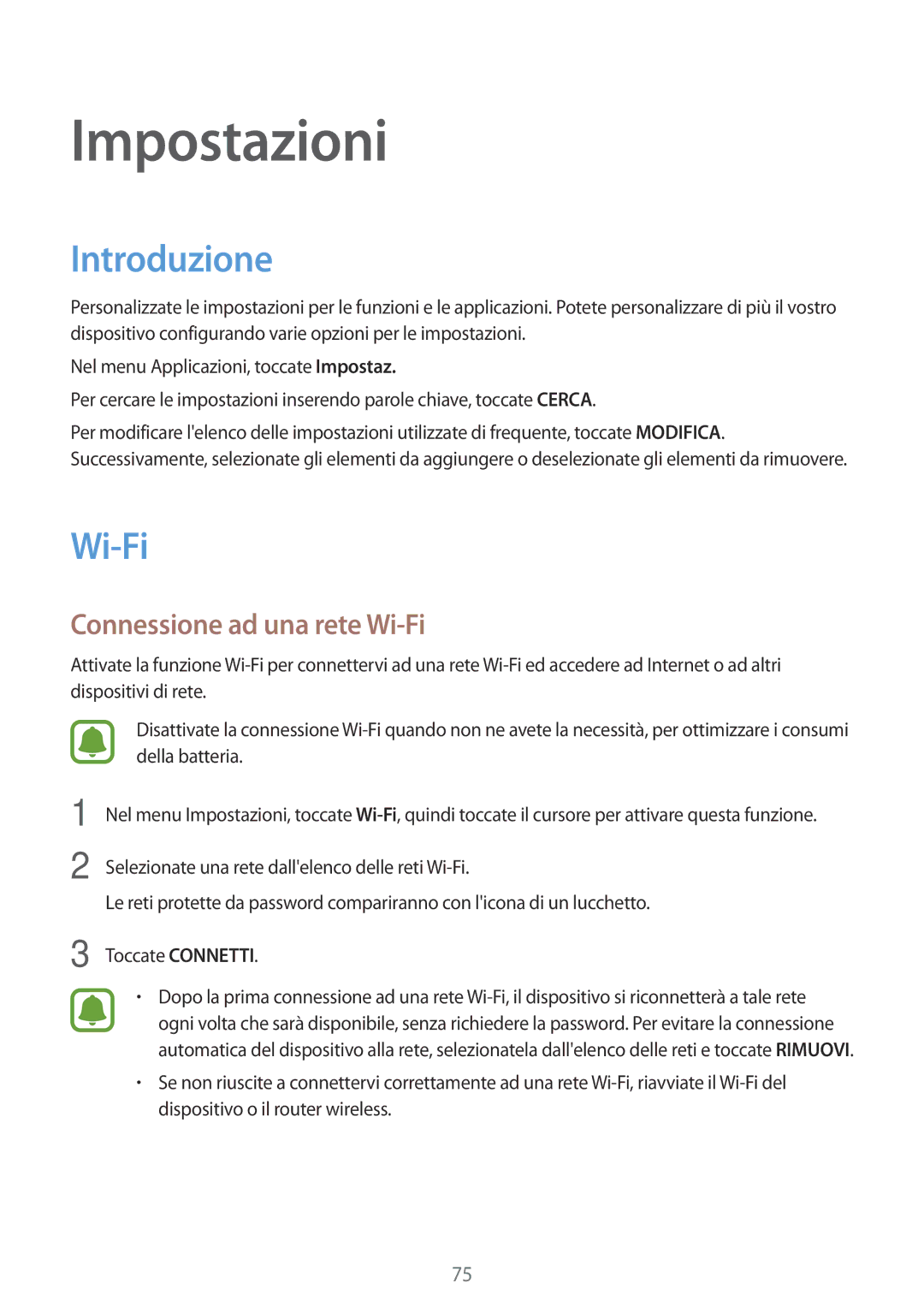 Samsung SM-J500FZDAITV, SM-J500FZKDXEO, SM-J500FZWDAUT, SM-J500FZWDXEO manual Introduzione, Connessione ad una rete Wi-Fi 