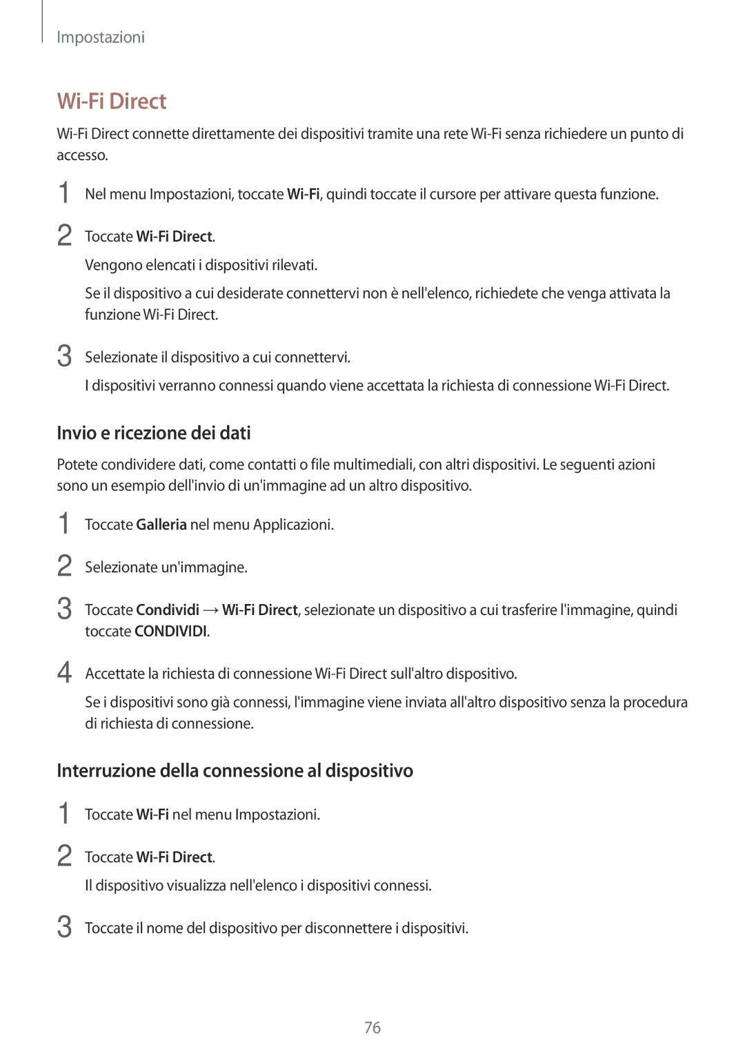 Samsung SM-J500FZWAITV manual Wi-Fi Direct, Invio e ricezione dei dati, Interruzione della connessione al dispositivo 