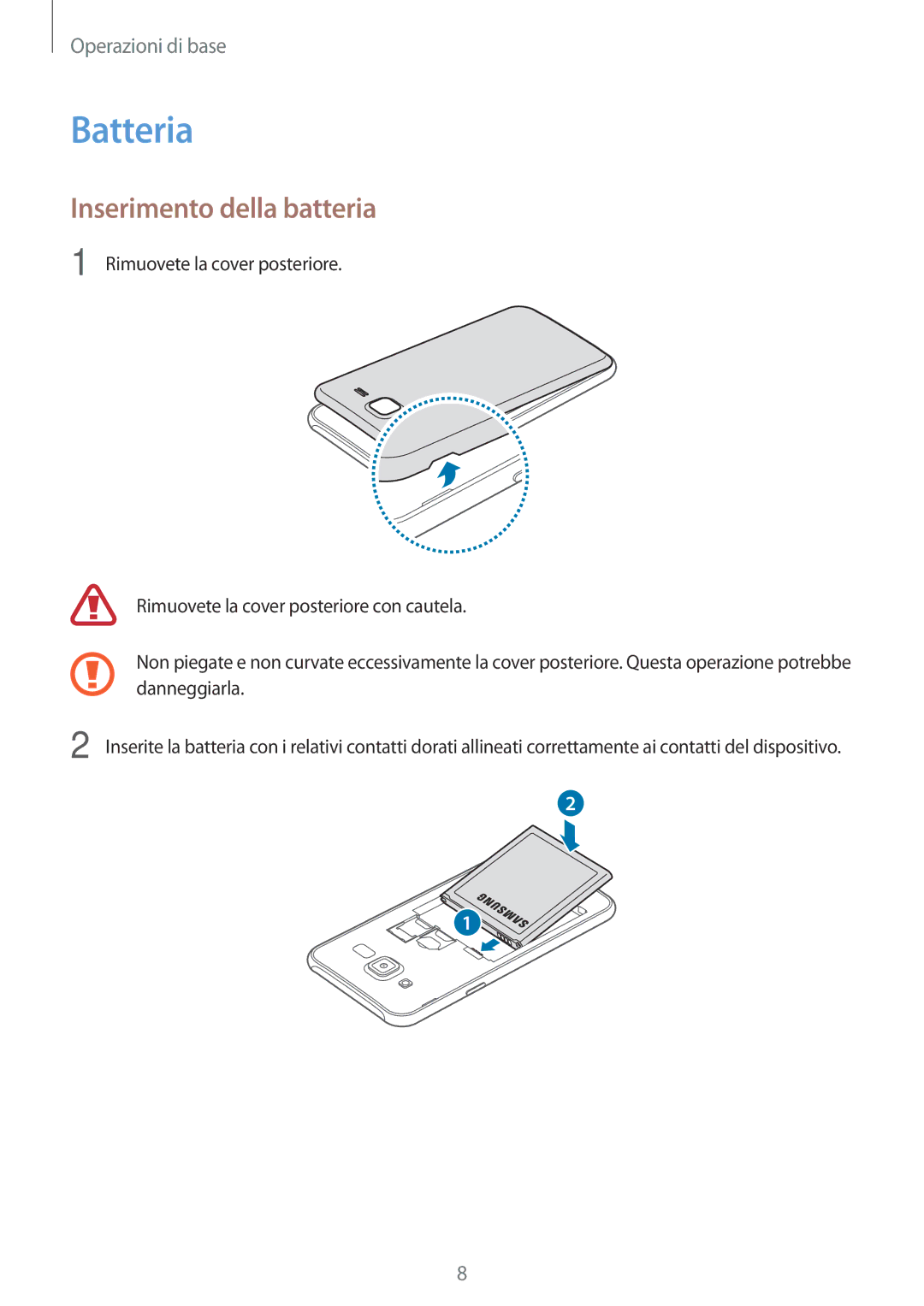 Samsung SM-J500FZWDAUT, SM-J500FZKDXEO, SM-J500FZWDXEO, SM-J500FZKDXEH, SM-J500FZKAITV Batteria, Inserimento della batteria 