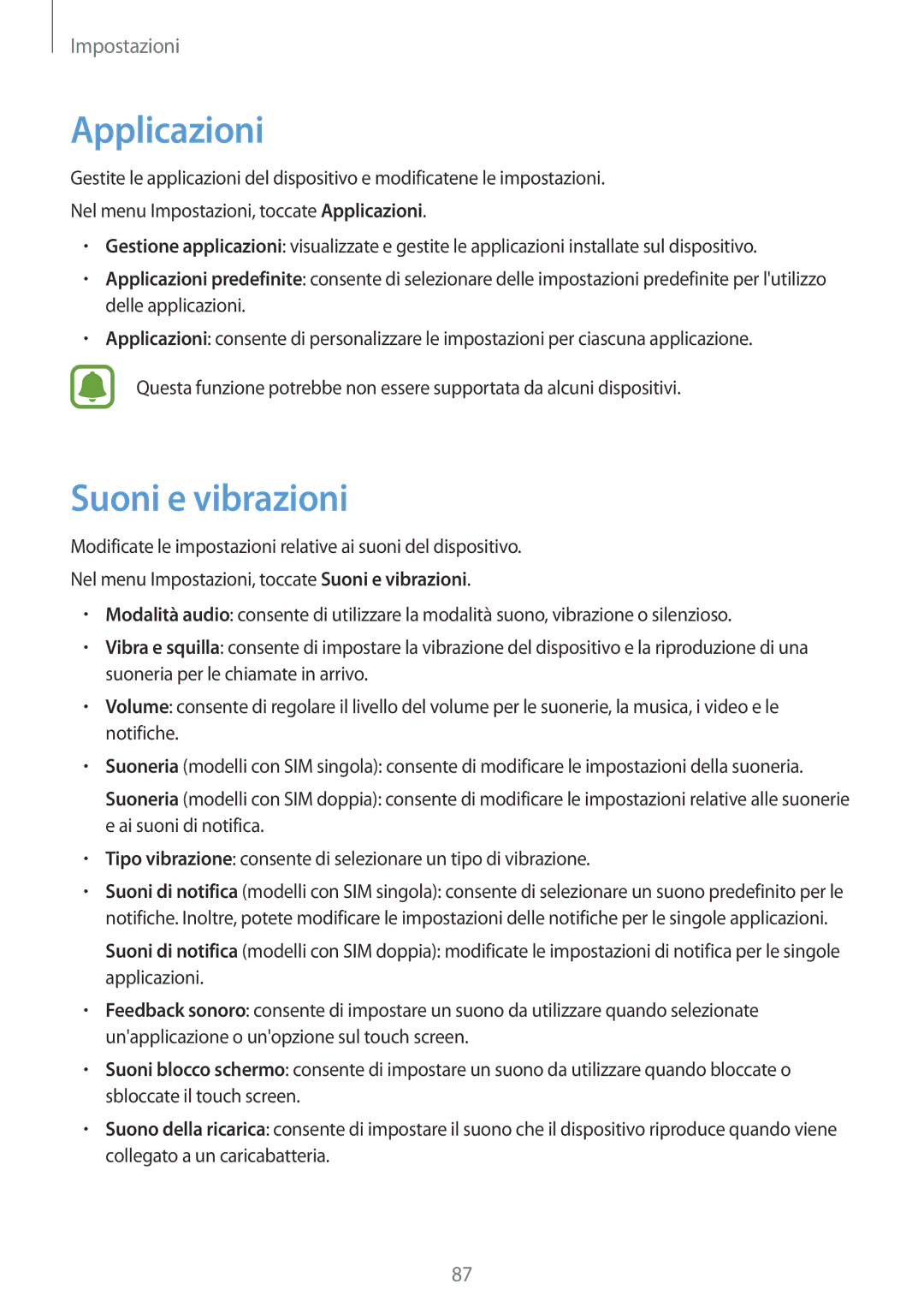 Samsung SM-J500FZKDXEH, SM-J500FZKDXEO, SM-J500FZWDAUT, SM-J500FZWDXEO, SM-J500FZKAITV manual Applicazioni, Suoni e vibrazioni 