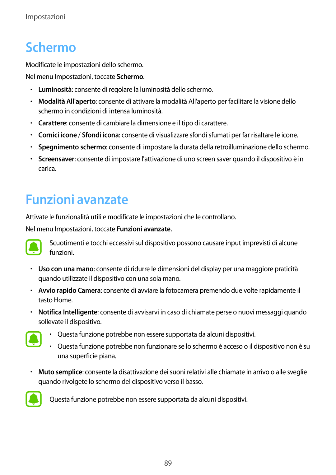 Samsung SM-J500FZDAITV, SM-J500FZKDXEO, SM-J500FZWDAUT, SM-J500FZWDXEO, SM-J500FZKDXEH manual Schermo, Funzioni avanzate 