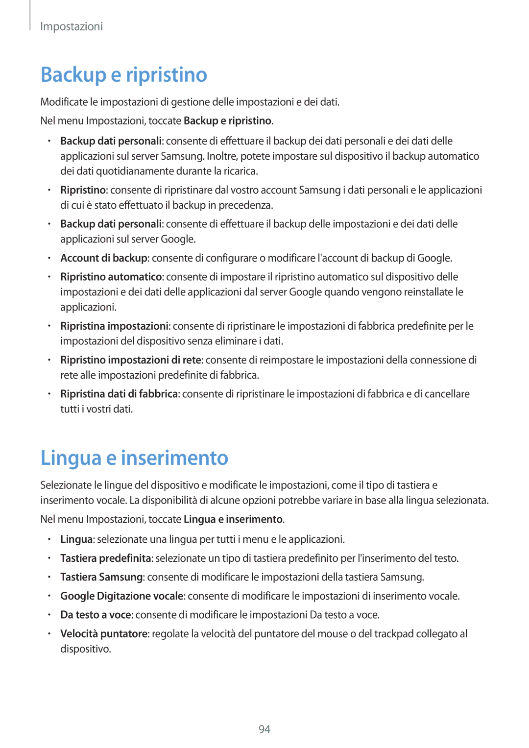 Samsung SM-J500FZKDXEH, SM-J500FZKDXEO, SM-J500FZWDAUT, SM-J500FZWDXEO manual Backup e ripristino, Lingua e inserimento 