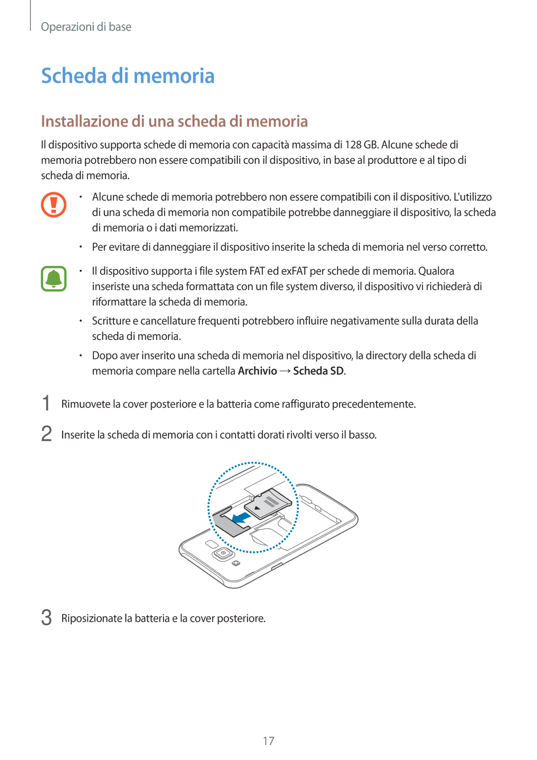 Samsung SM-J500FZKDXEH, SM-J500FZKDXEO, SM-J500FZWDAUT manual Scheda di memoria, Installazione di una scheda di memoria 