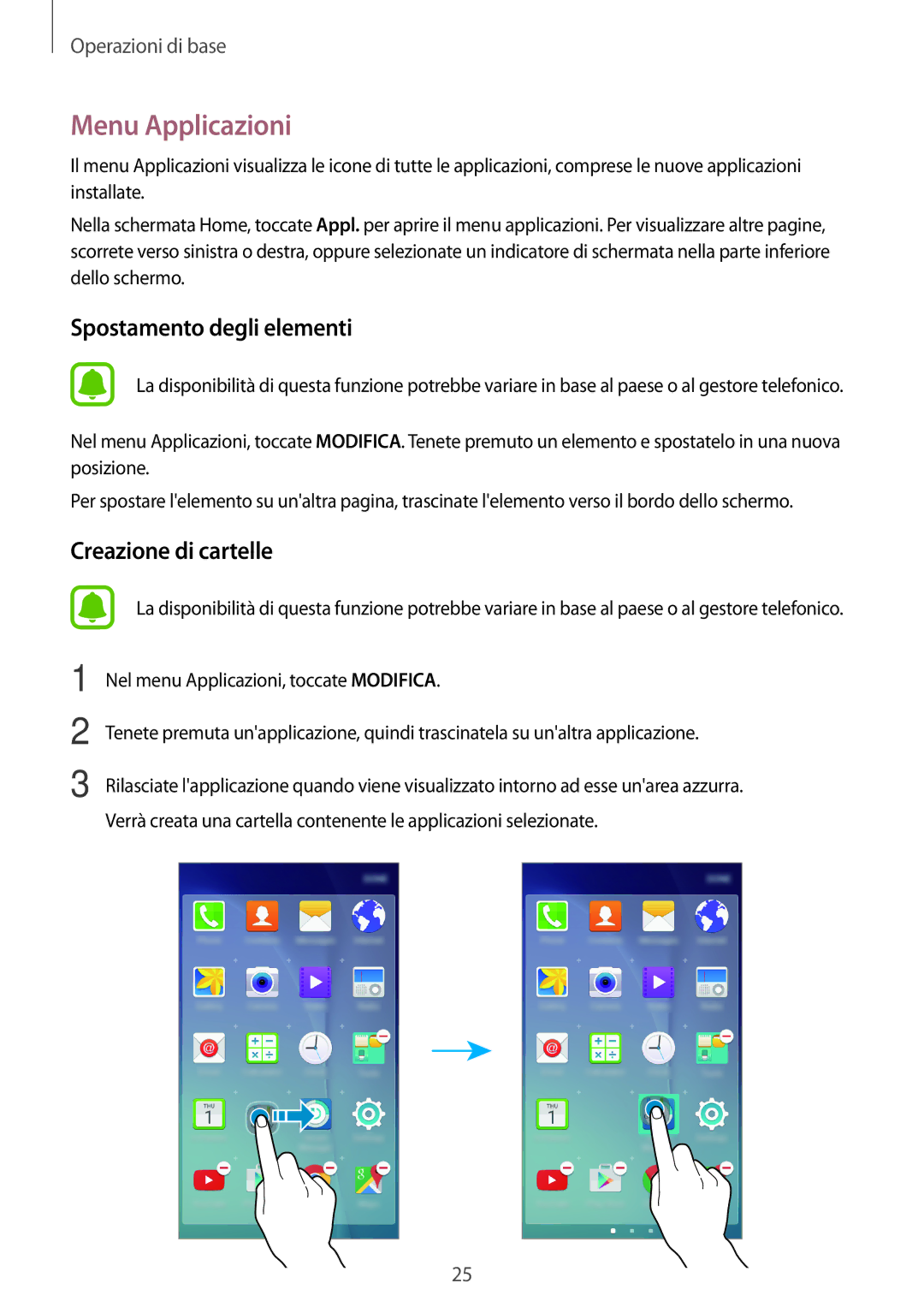 Samsung SM-J500FZKAITV, SM-J500FZKDXEO, SM-J500FZWDAUT, SM-J500FZWDXEO manual Menu Applicazioni, Spostamento degli elementi 