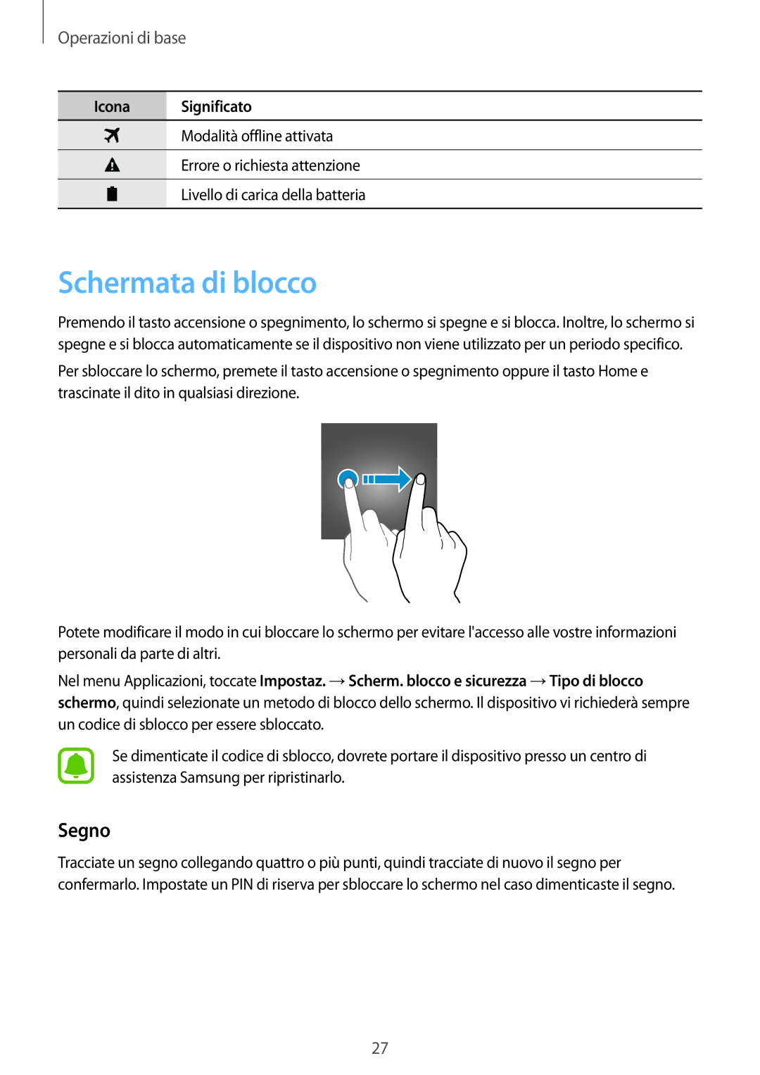 Samsung SM-J500FZWAITV, SM-J500FZKDXEO, SM-J500FZWDAUT, SM-J500FZWDXEO, SM-J500FZKDXEH manual Schermata di blocco, Segno 