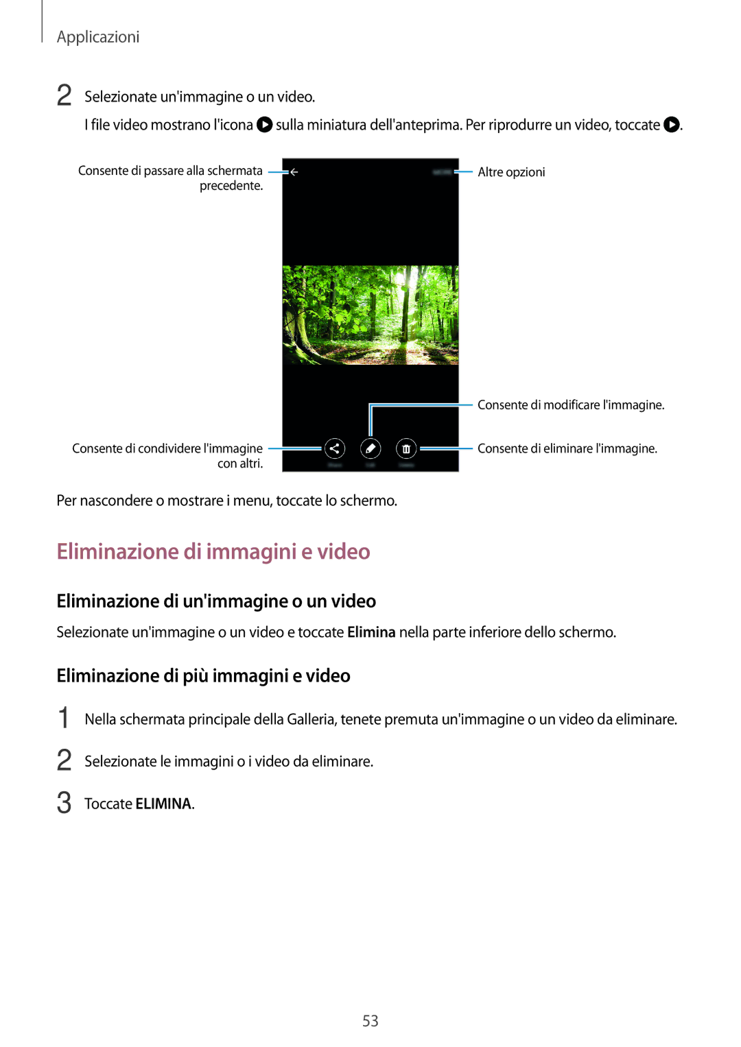 Samsung SM-J500FZKAITV, SM-J500FZKDXEO manual Eliminazione di immagini e video, Eliminazione di unimmagine o un video 