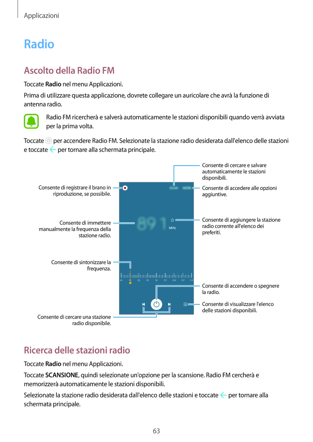 Samsung SM-J500FZKDXEO, SM-J500FZWDAUT, SM-J500FZWDXEO manual Ascolto della Radio FM, Ricerca delle stazioni radio 