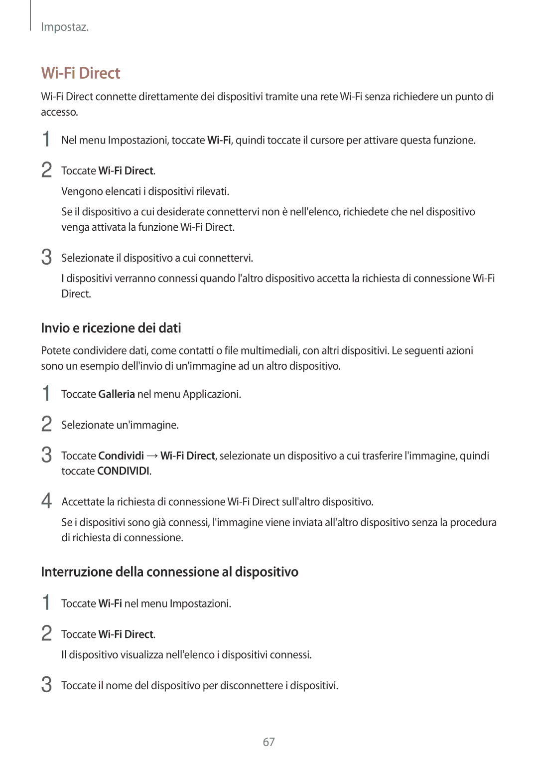 Samsung SM-J500FZKAITV manual Wi-Fi Direct, Invio e ricezione dei dati, Interruzione della connessione al dispositivo 