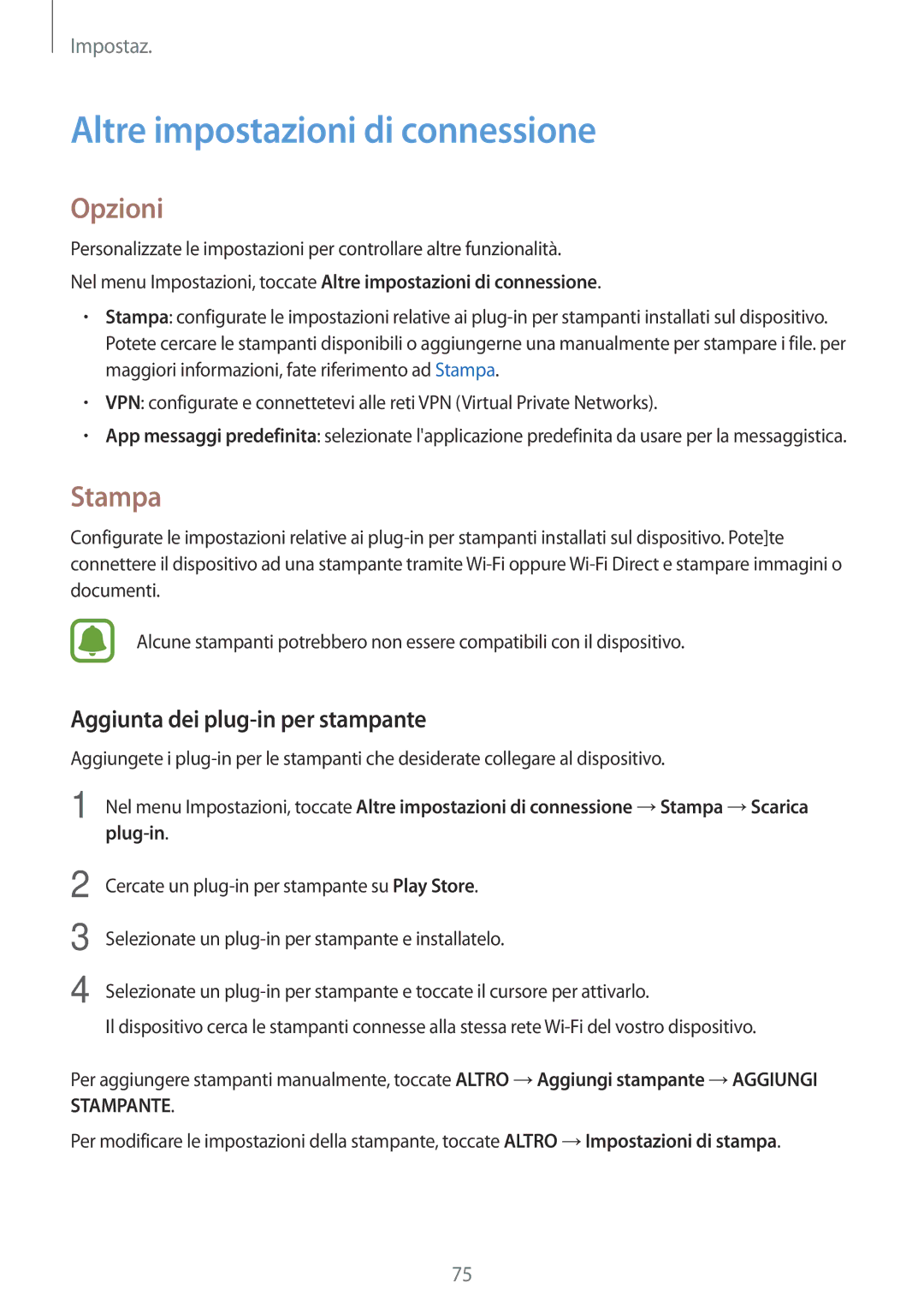 Samsung SM-J500FZDAITV manual Altre impostazioni di connessione, Opzioni, Stampa, Aggiunta dei plug-in per stampante 