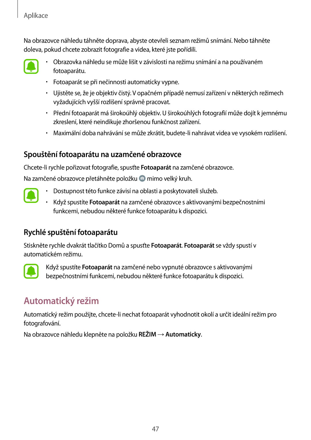 Samsung SM2J500FZWATMH manual Automatický režim, Spouštění fotoaparátu na uzamčené obrazovce, Rychlé spuštění fotoaparátu 