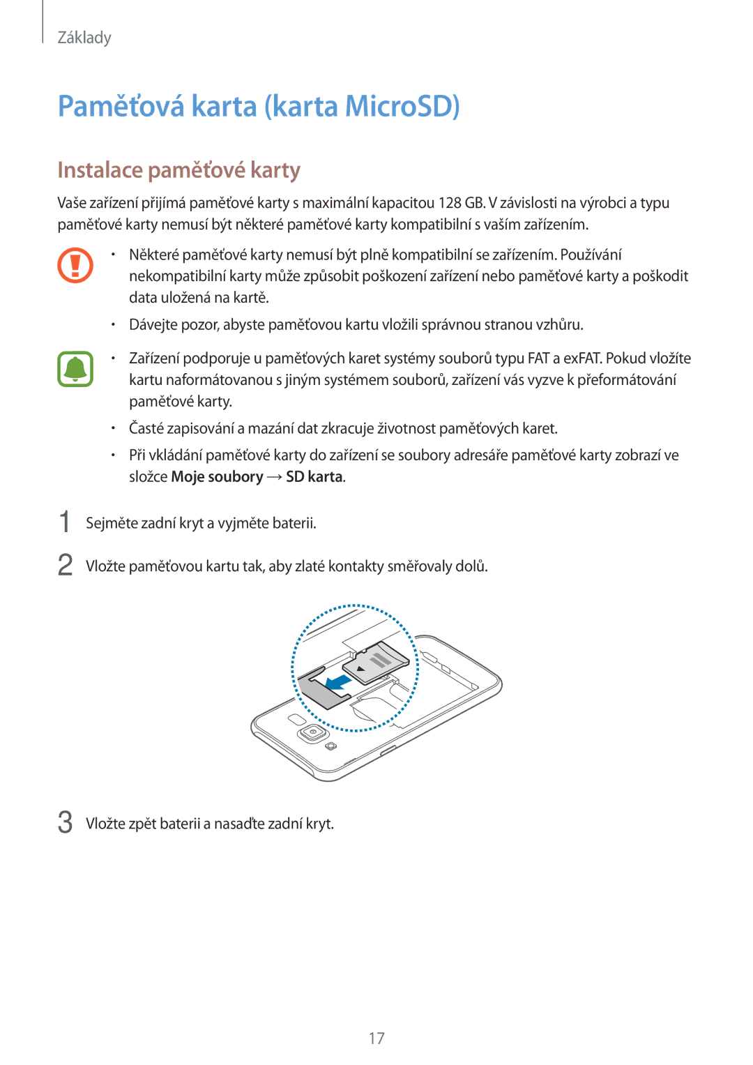 Samsung SM-J500FZWDAUT, SM-J500FZWAEUR, SM-J500FZWAATO manual Paměťová karta karta MicroSD, Instalace paměťové karty 