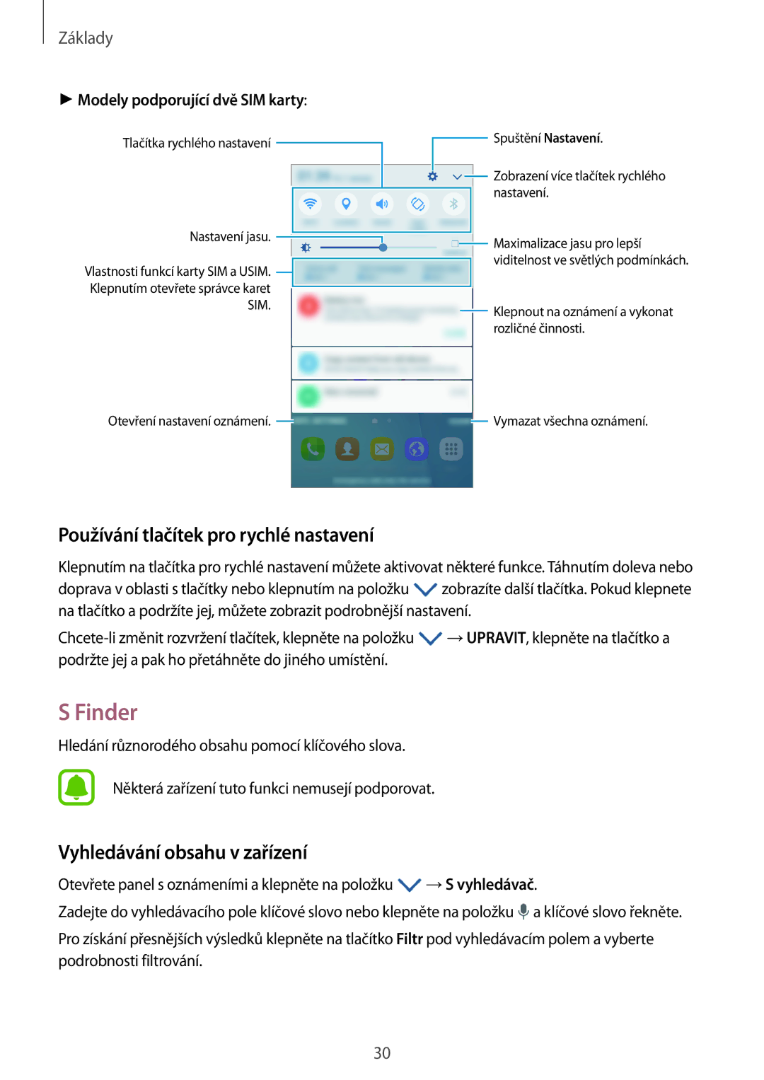 Samsung SM2J500FZKDETL, SM-J500FZWAEUR manual Finder, Používání tlačítek pro rychlé nastavení, Vyhledávání obsahu v zařízení 