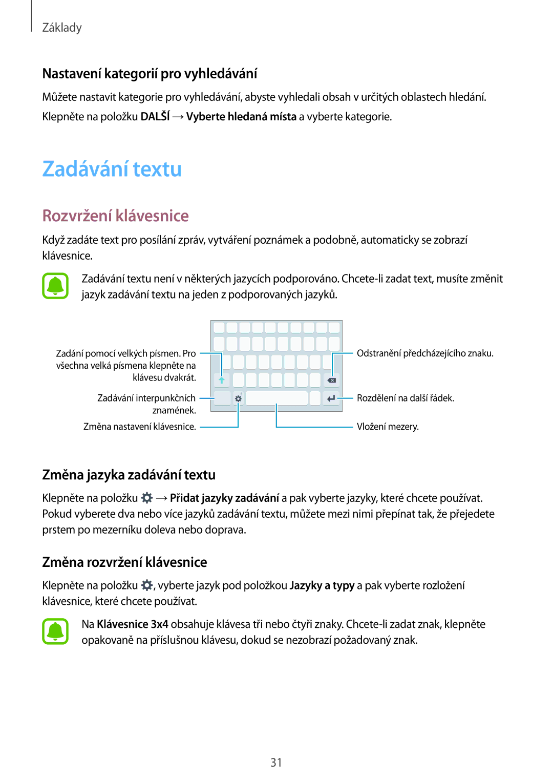 Samsung SM-J500FZWATMH, SM-J500FZWAEUR manual Zadávání textu, Rozvržení klávesnice, Nastavení kategorií pro vyhledávání 