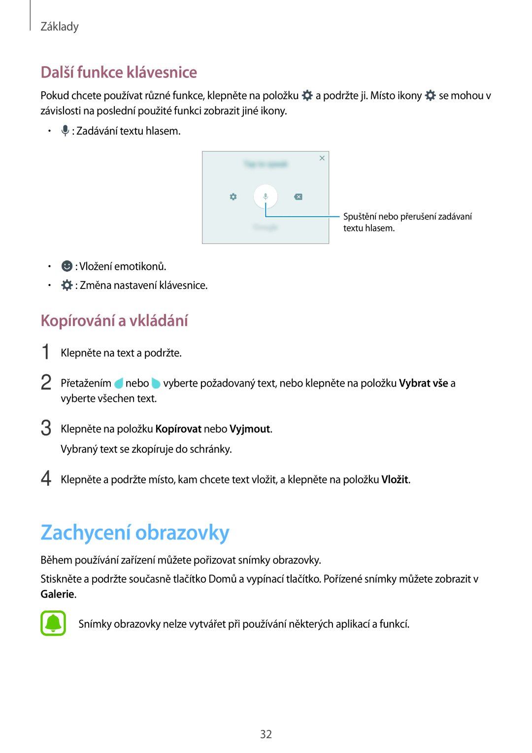 Samsung SM-J500FZWDORX, SM-J500FZWAEUR, SM-J500FZWAATO Zachycení obrazovky, Další funkce klávesnice, Kopírování a vkládání 