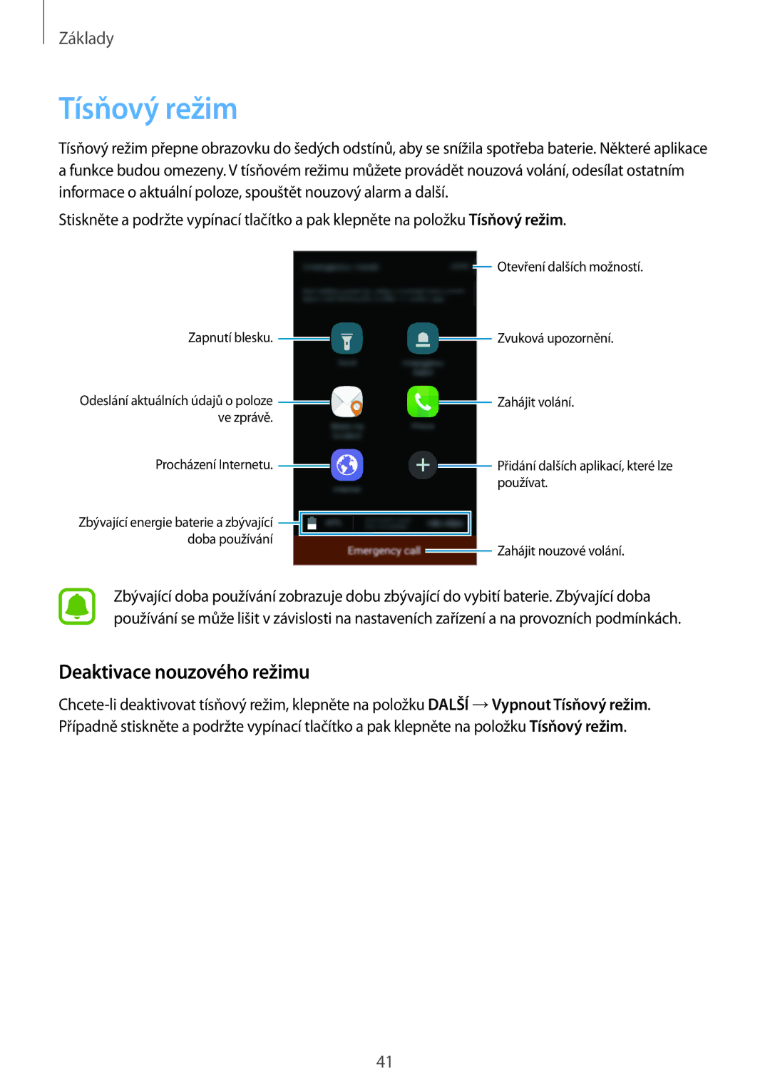 Samsung SM2J500FZKDORX, SM-J500FZWAEUR, SM-J500FZWAATO, SM-J500FZKDXEO manual Tísňový režim, Deaktivace nouzového režimu 