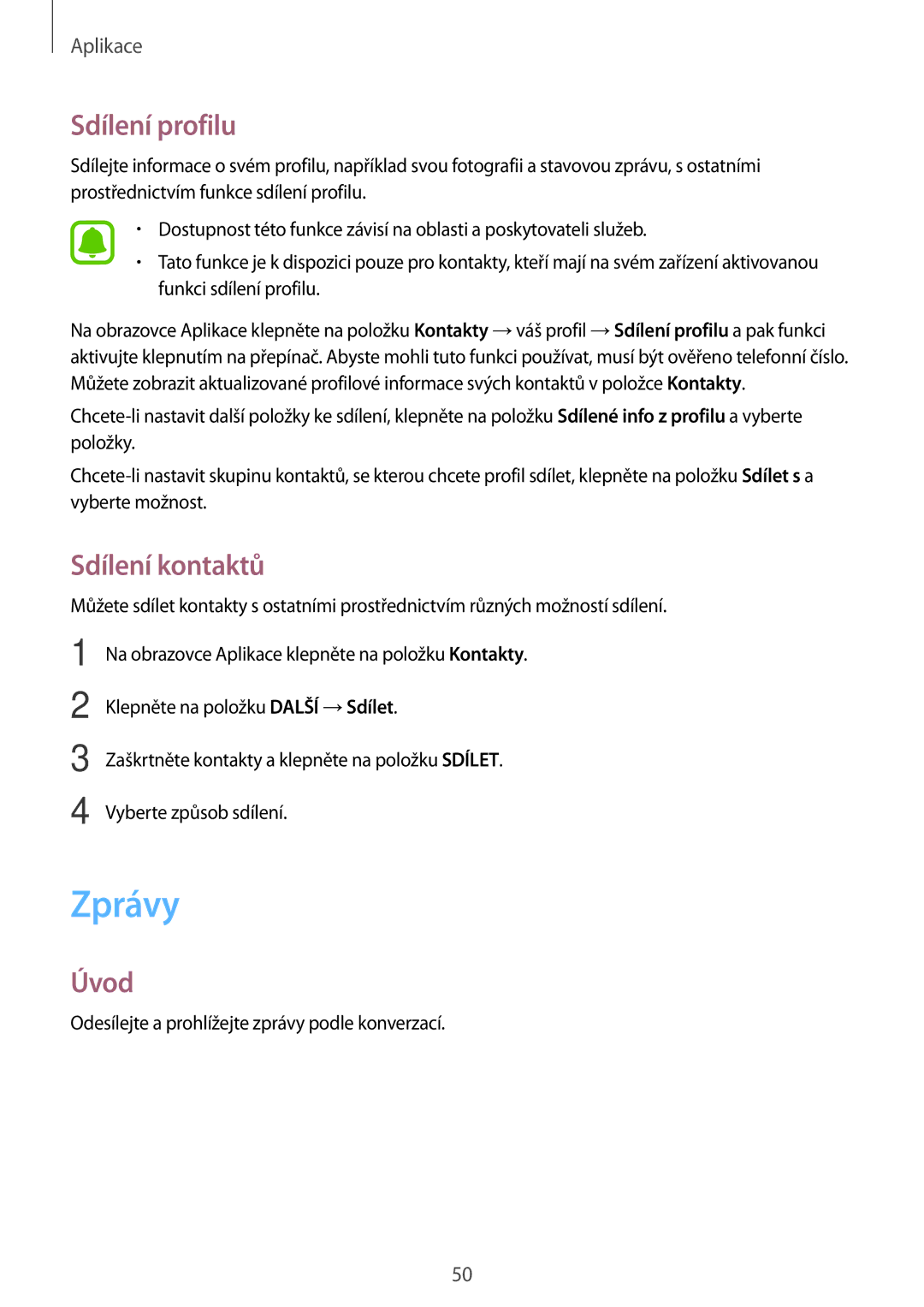 Samsung SM2J500FZKAETL, SM-J500FZWAEUR, SM-J500FZWAATO, SM-J500FZKDXEO manual Zprávy, Sdílení profilu, Sdílení kontaktů 