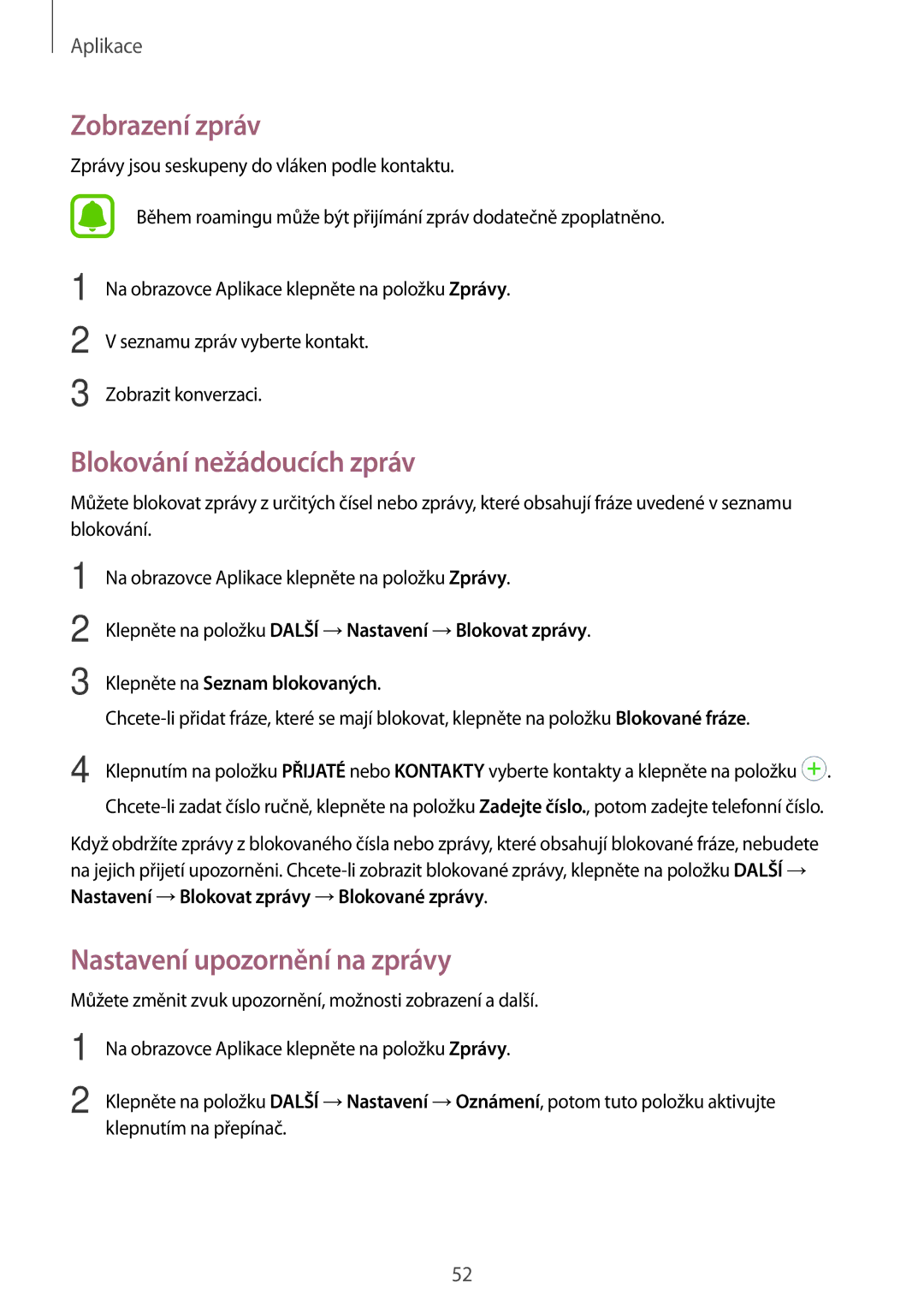 Samsung SM-J500FZKAPAN, SM-J500FZWAEUR manual Zobrazení zpráv, Blokování nežádoucích zpráv, Nastavení upozornění na zprávy 