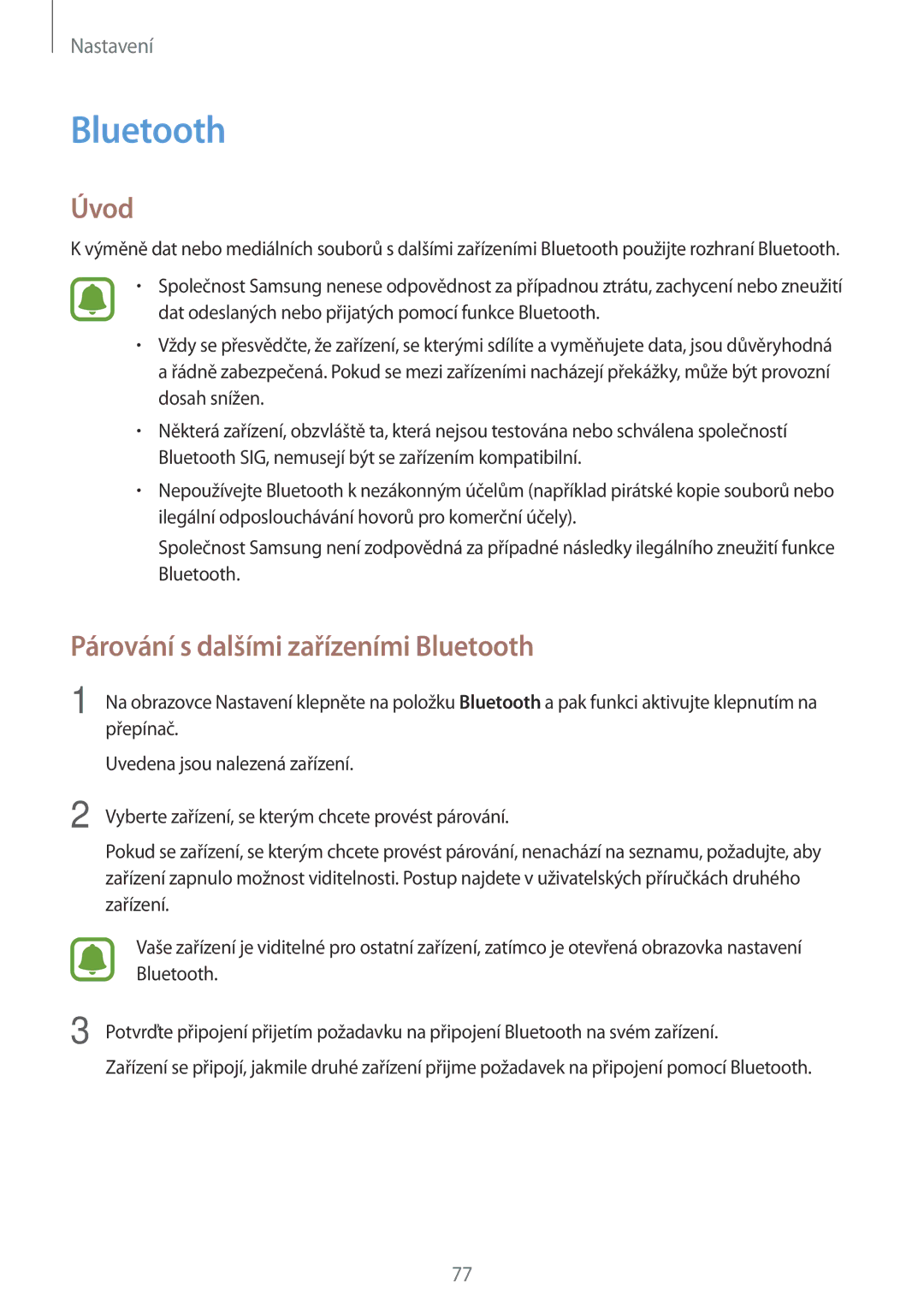 Samsung SM-J500FZWAEUR, SM-J500FZWAATO, SM-J500FZKDXEO, SM-J500FZKDEUR manual Párování s dalšími zařízeními Bluetooth 