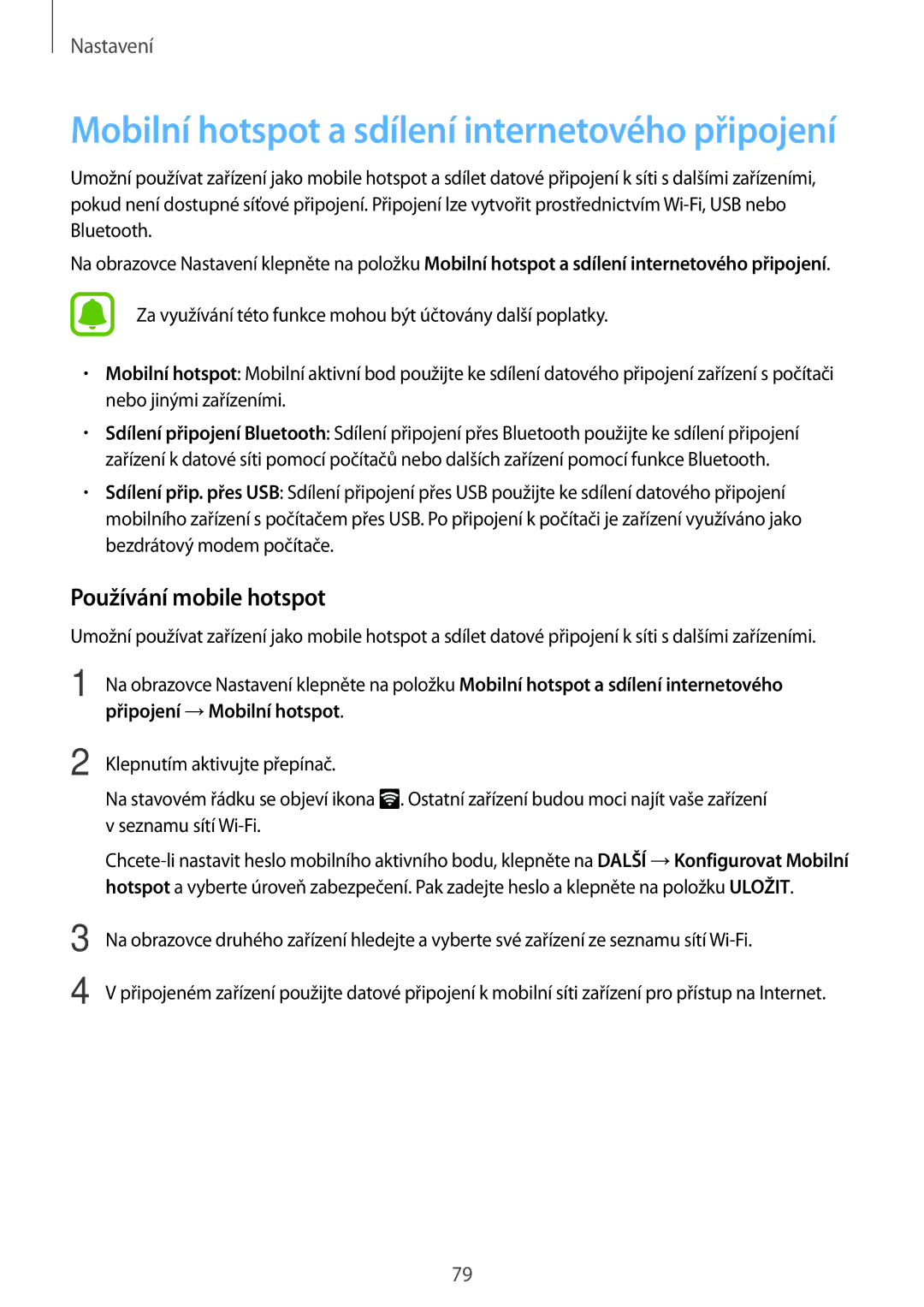 Samsung SM-J500FZKDXEO, SM-J500FZWAEUR manual Mobilní hotspot a sdílení internetového připojení, Používání mobile hotspot 