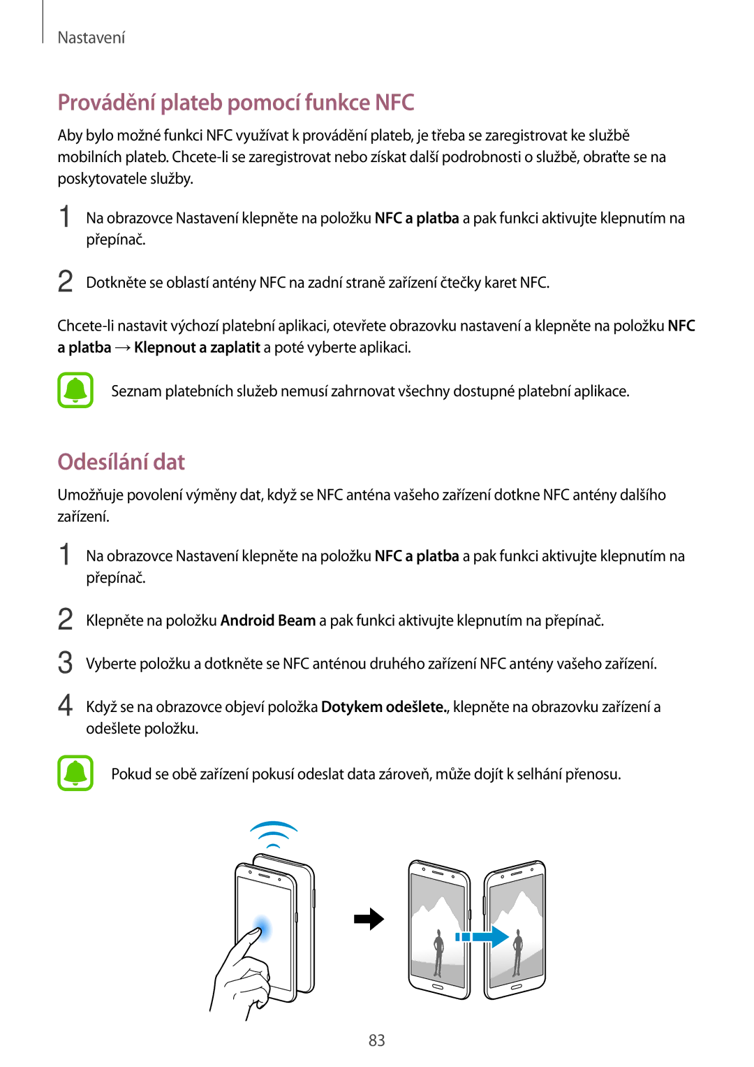Samsung SM-J500FZKACOS, SM-J500FZWAEUR, SM-J500FZWAATO, SM-J500FZKDXEO Provádění plateb pomocí funkce NFC, Odesílání dat 