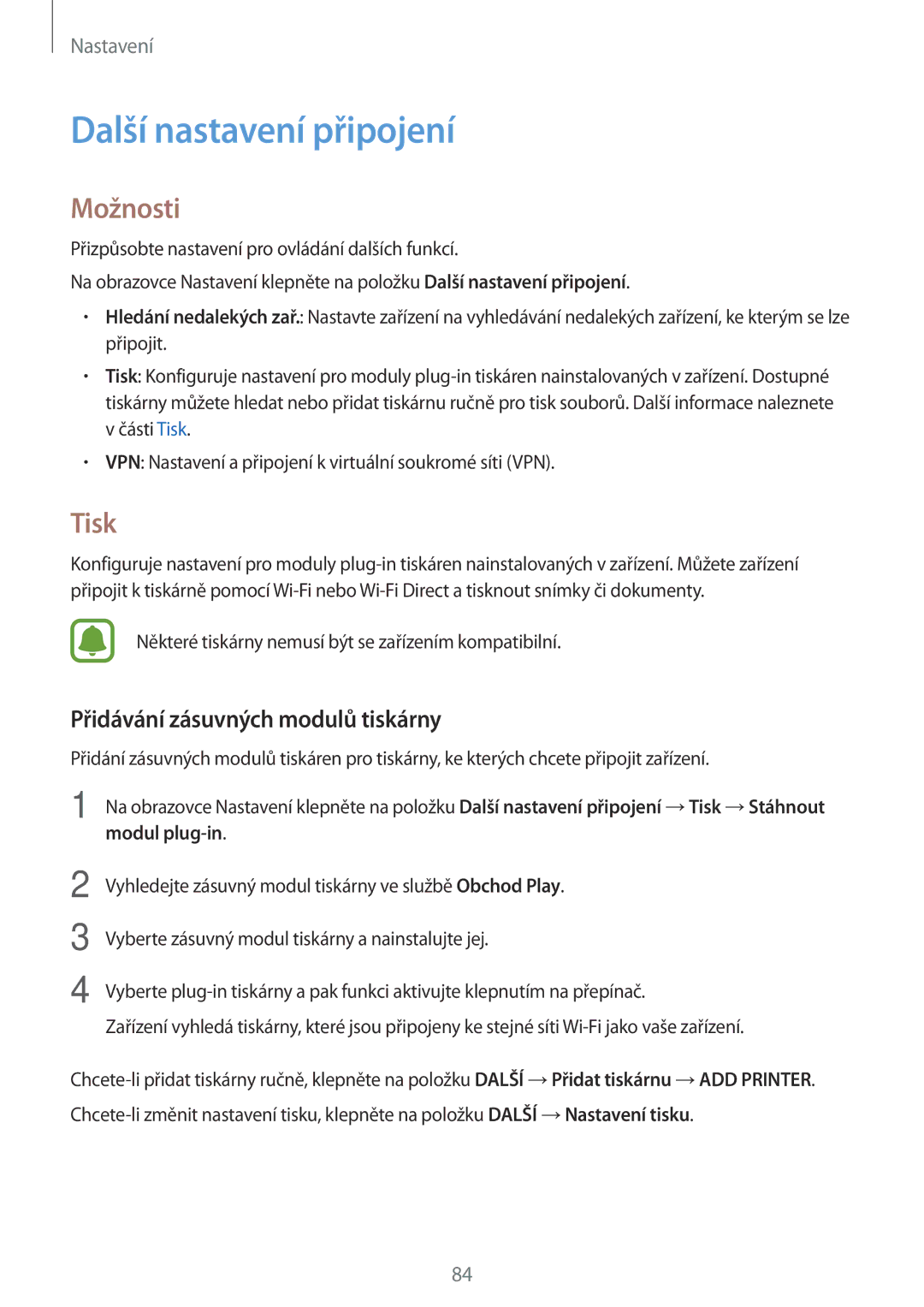 Samsung SM-J500FZWACOS manual Další nastavení připojení, Možnosti, Tisk, Přidávání zásuvných modulů tiskárny, Modul plug-in 