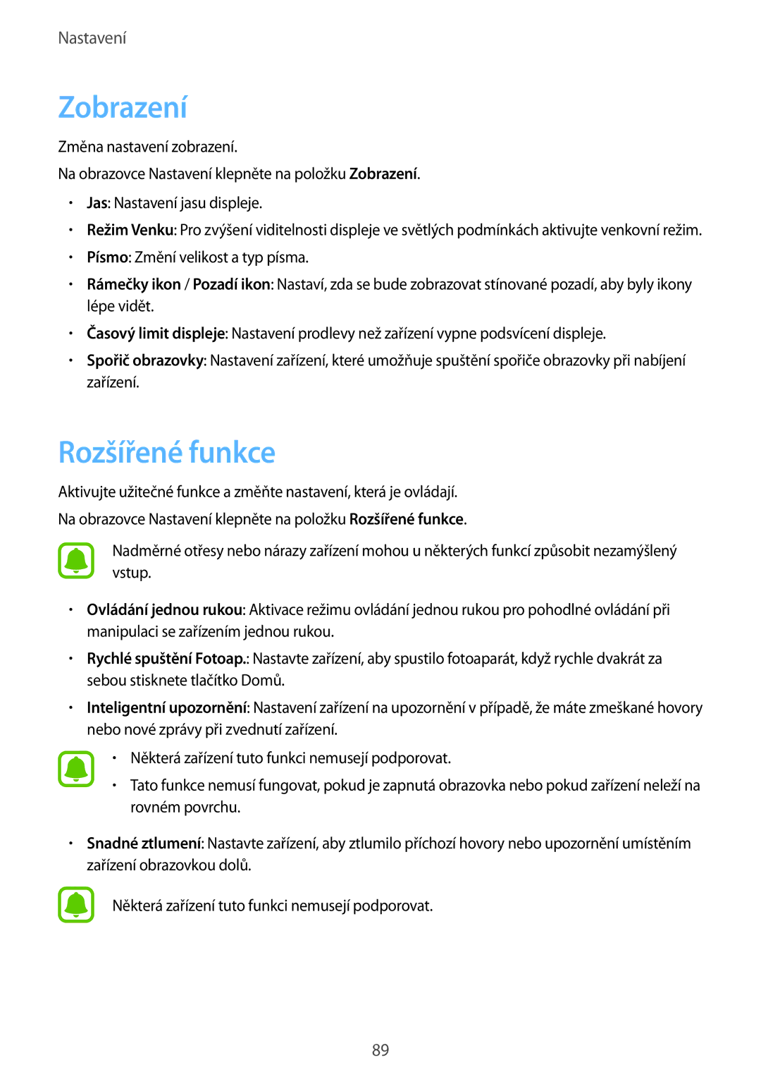 Samsung SM-J500FZKAEUR, SM-J500FZWAEUR, SM-J500FZWAATO, SM-J500FZKDXEO, SM-J500FZKDEUR manual Zobrazení, Rozšířené funkce 