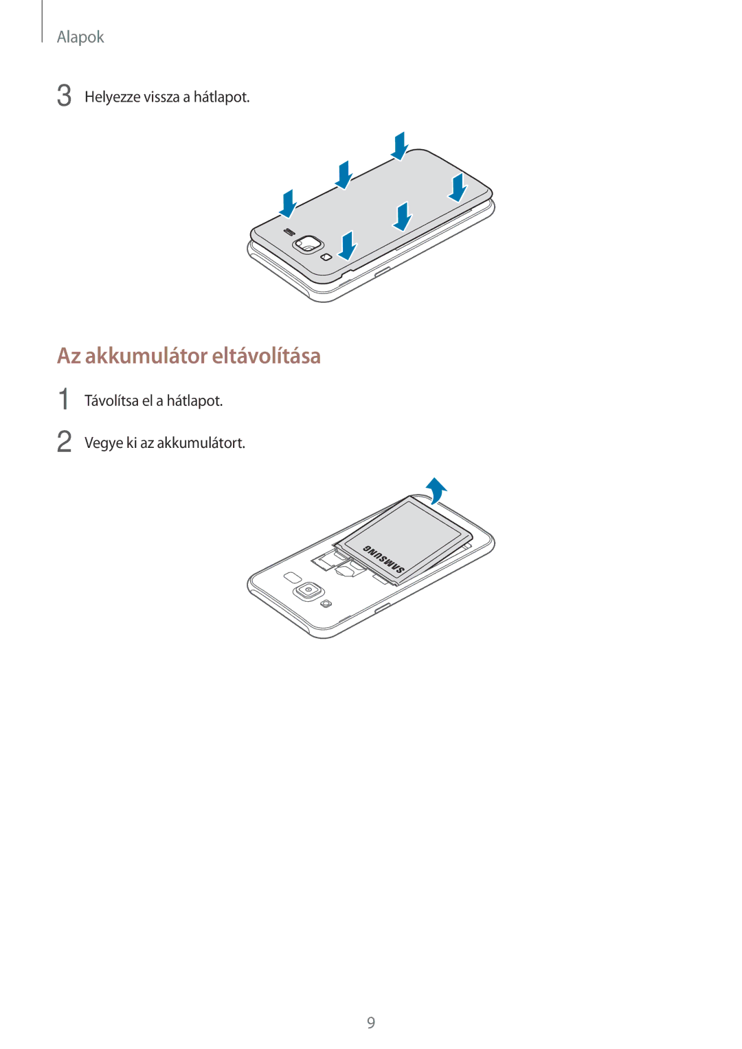 Samsung SM-J500FZWAXEO, SM-J500FZWAEUR, SM-J500FZWAATO, SM-J500FZKDXEO, SM-J500FZKDEUR manual Az akkumulátor eltávolítása 