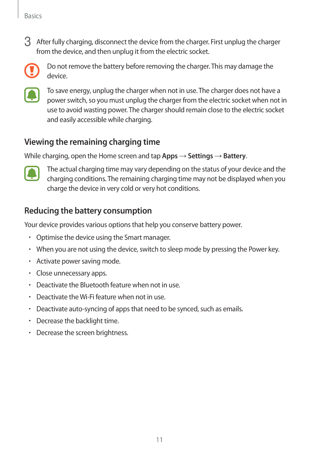 Samsung SM-J500FZDAXEO, SM-J500FZWASEB manual Viewing the remaining charging time, Reducing the battery consumption 