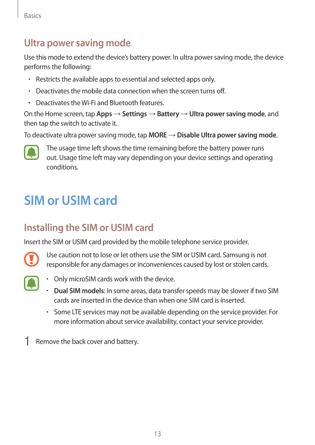 Samsung SM-J500FZDAOPT Ultra power saving mode, Installing the SIM or Usim card, Remove the back cover and battery 